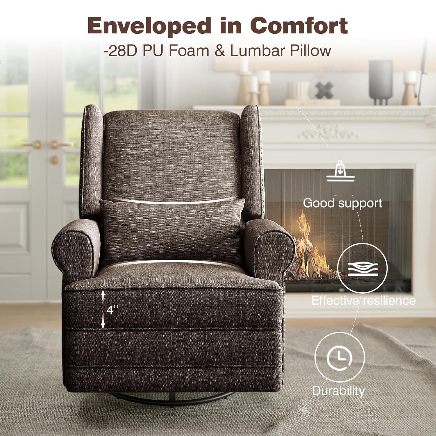 RoyalCraft Swivel Recliner Chair, Comfy Glider Rocking Chairs with Lumbar Pillow and Footrest, Upholstered Swivel Rocking Chair for Bedroom,Nursery,Brown
