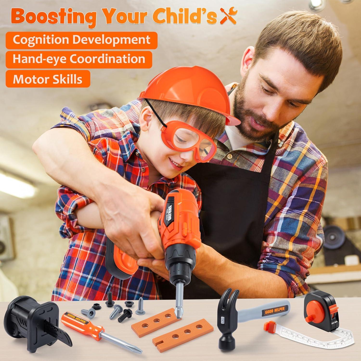 Joyfy 32PCS Kids Tool Set with Construction Backpack Costume & Toy Drill - Pretend Play Tool Kit for Boys & Girls Halloween Birthday Dress Up Party