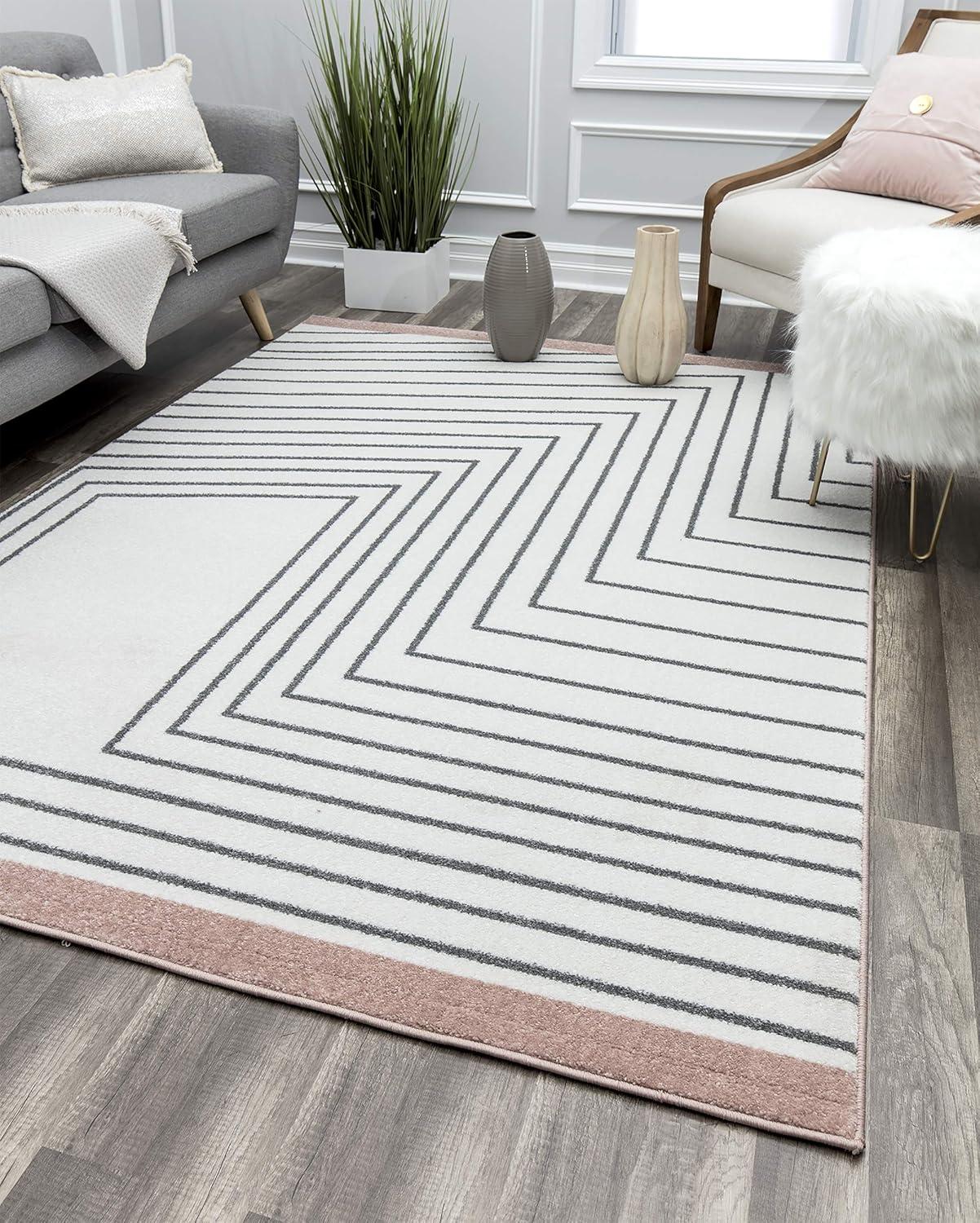 Gray and Pink Abstract Geometric 8' x 10' Synthetic Rug