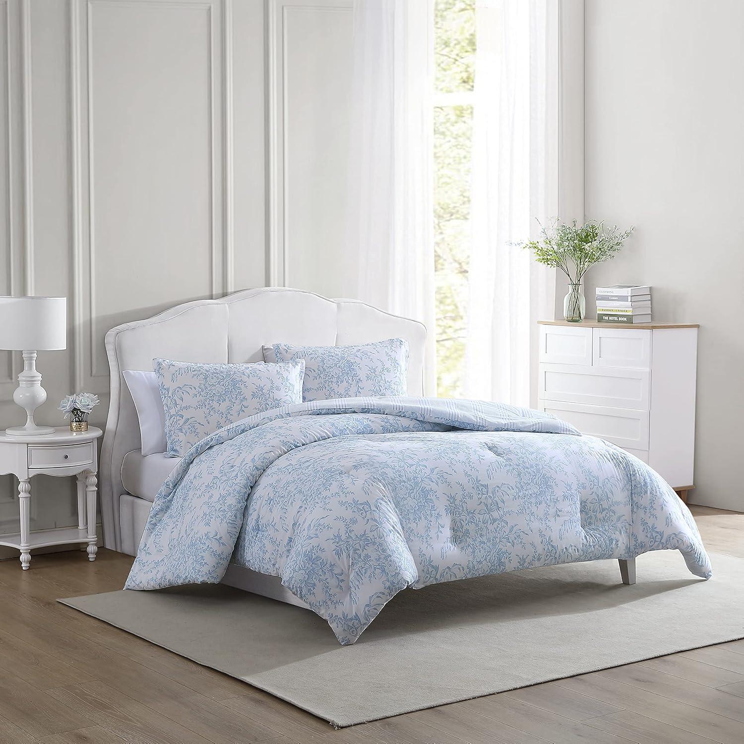 Laura Ashley 3pc King Bedford Comforter Bedding Set Blue: Cotton Reversible, OEKO-TEX Certified, Floral Design