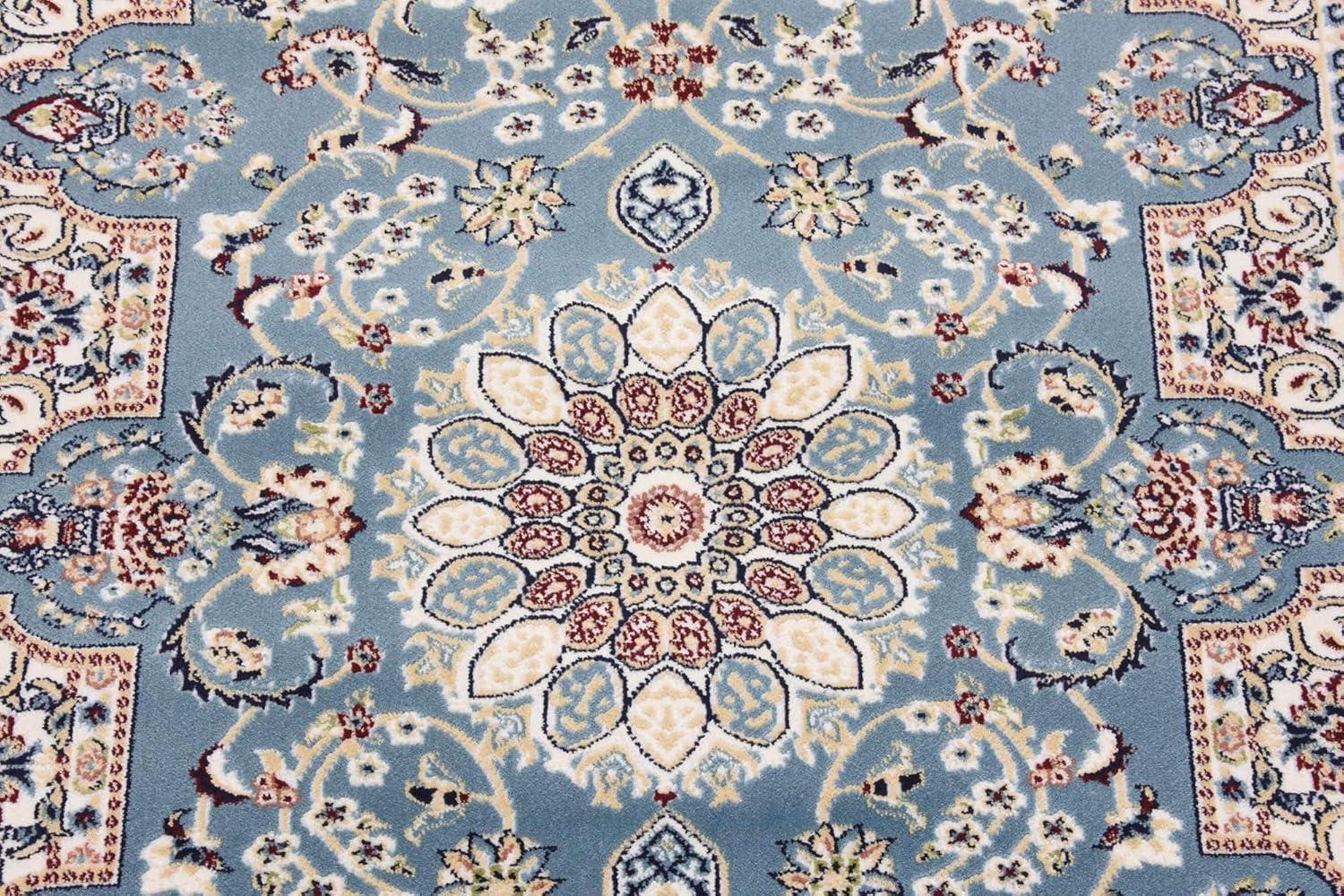 Blue Floral Synthetic Stain-Resistant Runner Rug