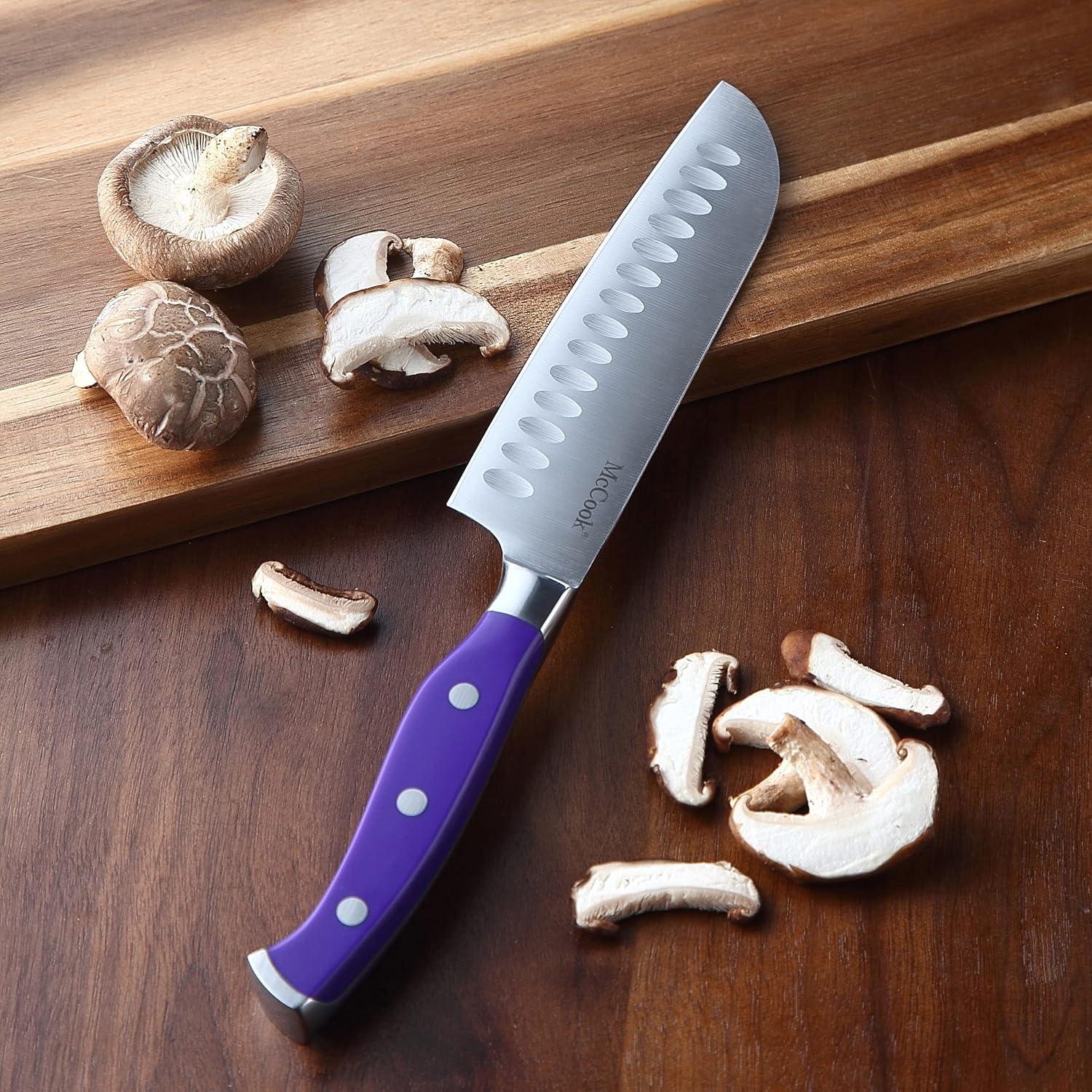 MC27 14 Pieces Stainless Steel kitchen knife set with Wooden Block, Kitchen Scissors and Built-in Sharpener, Purple