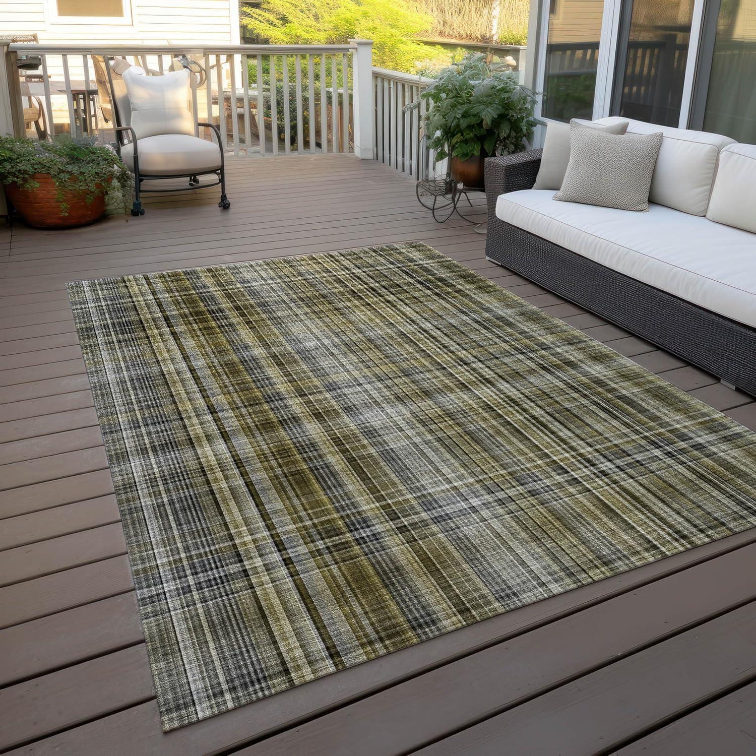 Taupe Plaid Synthetic 5' x 7' Washable Area Rug