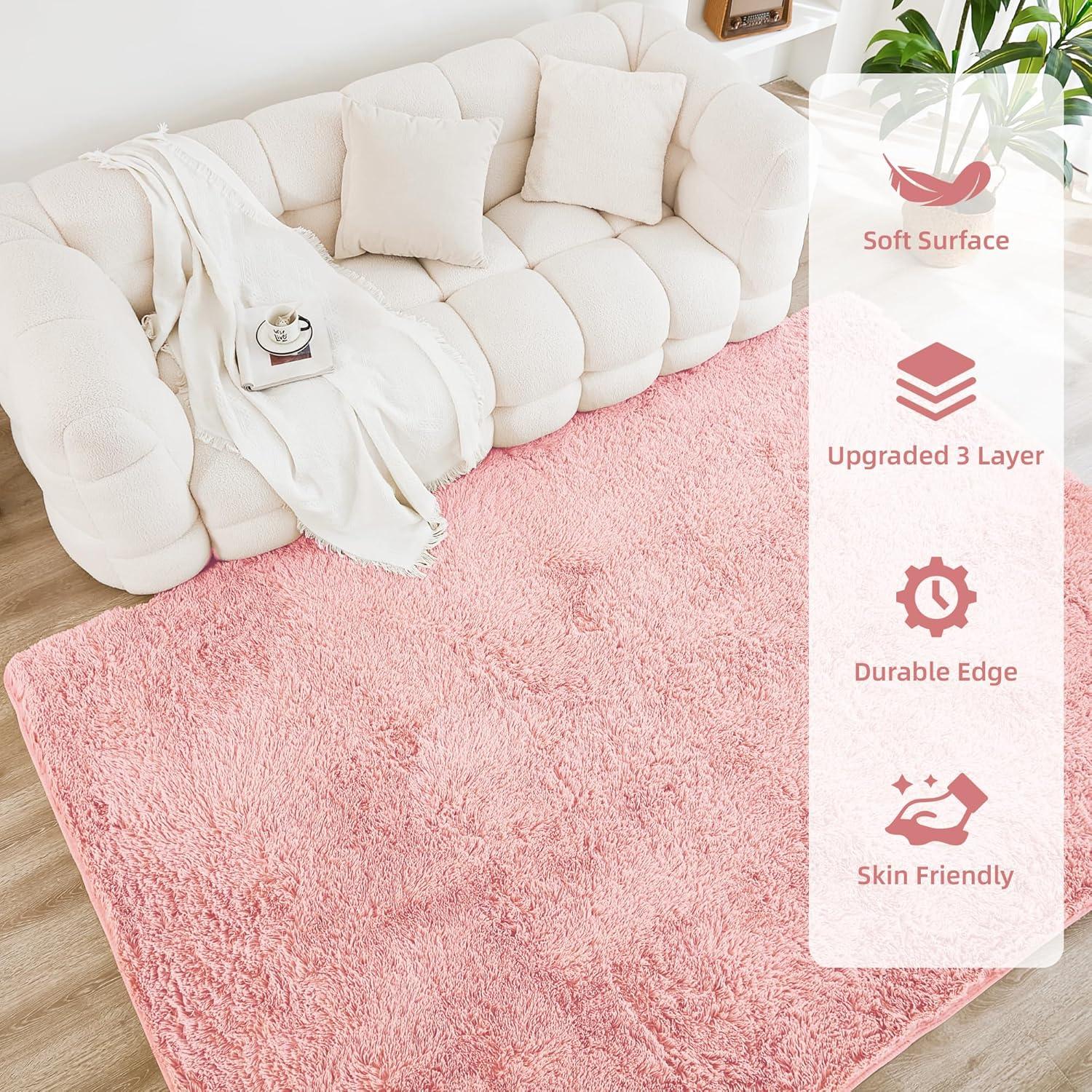 Litanika 4x6 Shag Area Rug for Living Room Bedroom, Pink High Pile Soft Plush Shaggy Furry Cute Bedside Playroom Dorm Carpet, Non-Slip, Non-Shedding Modern Indoor Floor Rug