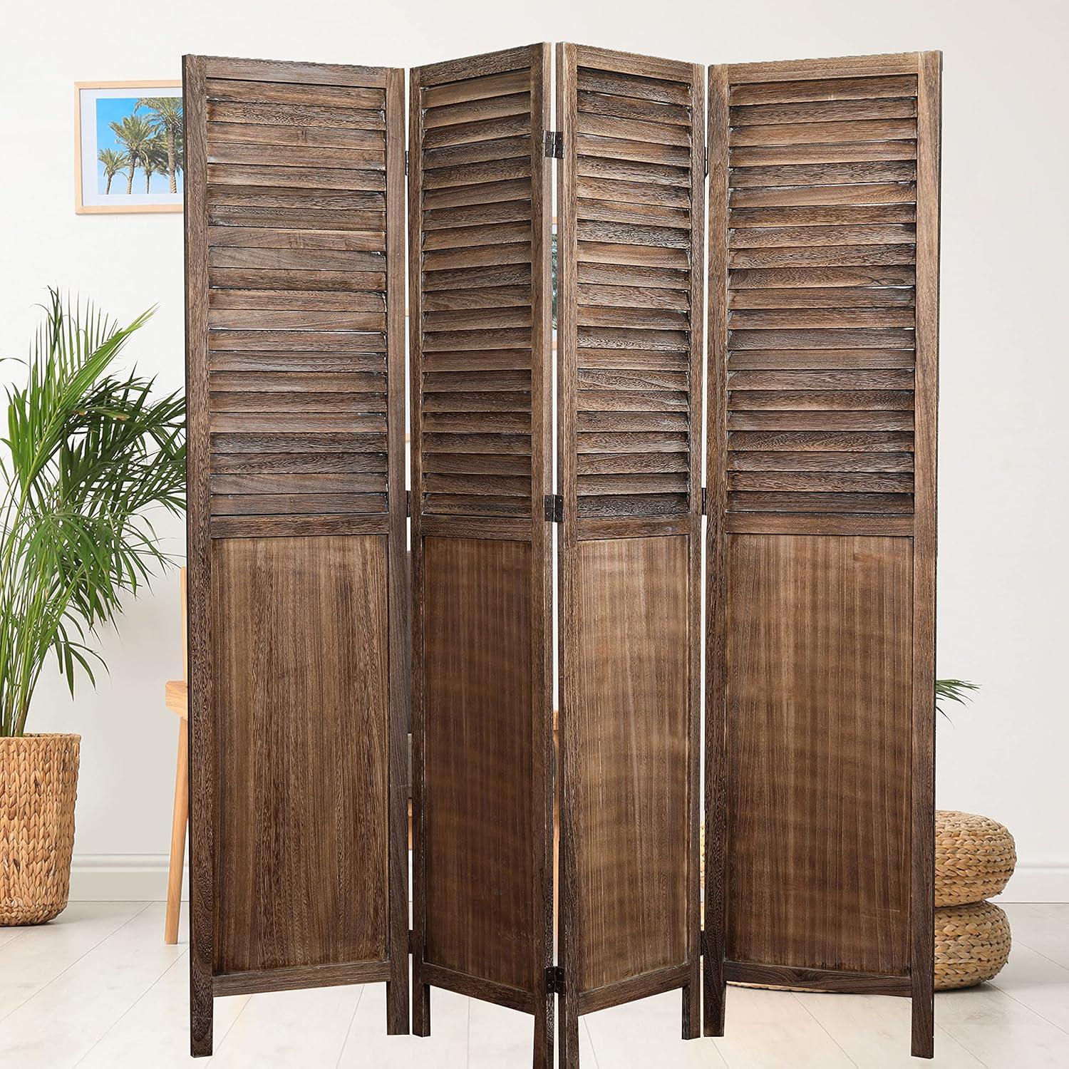 Rancho Shutter 4 Panel Room Divider with Folding Screen Room Partition Paulownia Wood Brown - Proman Products: Wall Separator, No Assembly Required