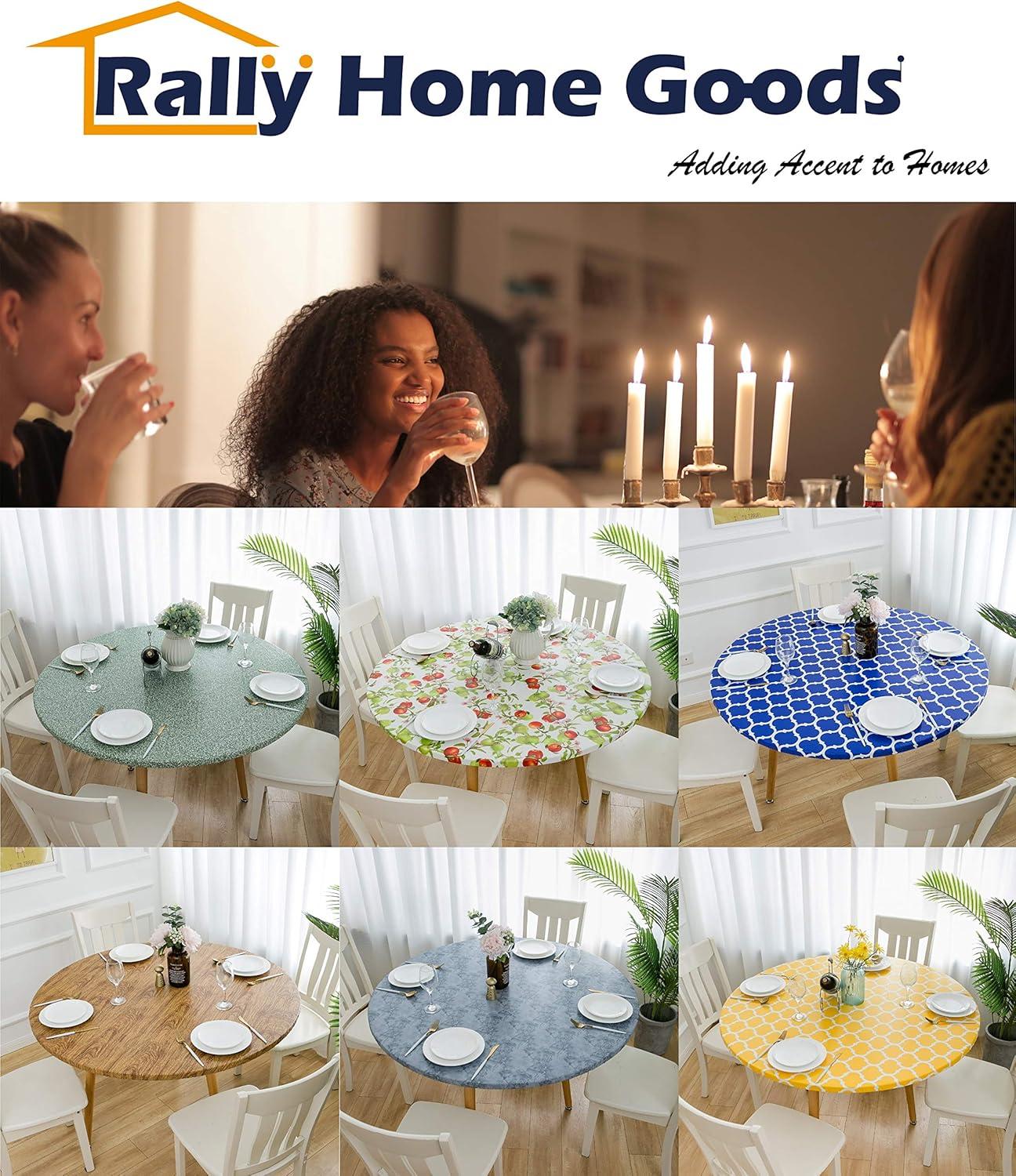 Rally Home Goods Indoor Outdoor Patio Round Fitted Vinyl Tablecloth, Flannel Backing, Elastic Edge, Waterproof Wipeable Plastic Cover, Beige Marble Pattern for 5-Seat Table of 36-42’’ Diameter