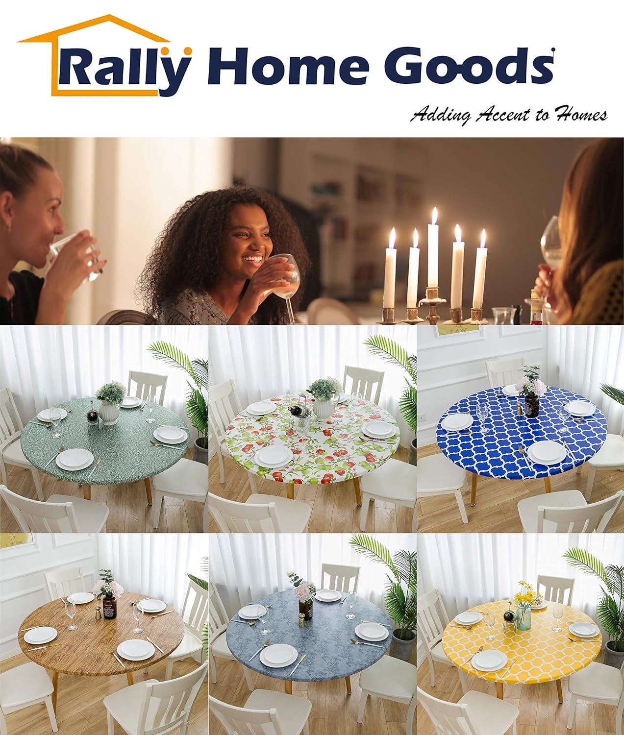 Rally Home Goods Indoor Outdoor Patio Round Fitted Vinyl Tablecloth, Flannel Backing, Elastic Edge, Waterproof Wipeable Plastic Cover, Beige Marble Pattern for 5-Seat Table of 36-42’’ Diameter