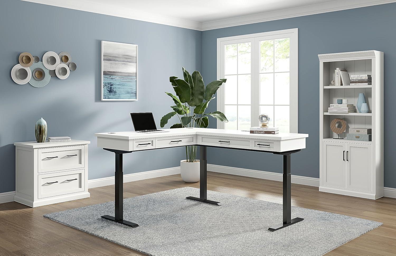 White Adjustable Height L-Desk with USB Ports and Drawer