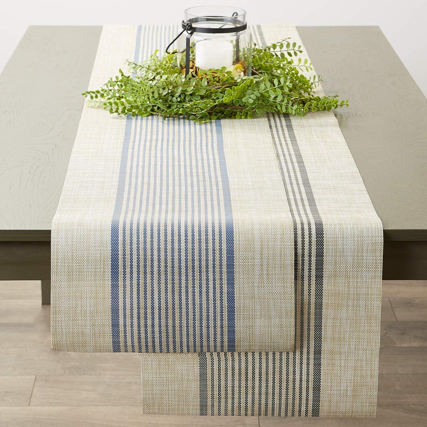 Beige and French Blue Striped Polyester Cotton Table Runner 14x72