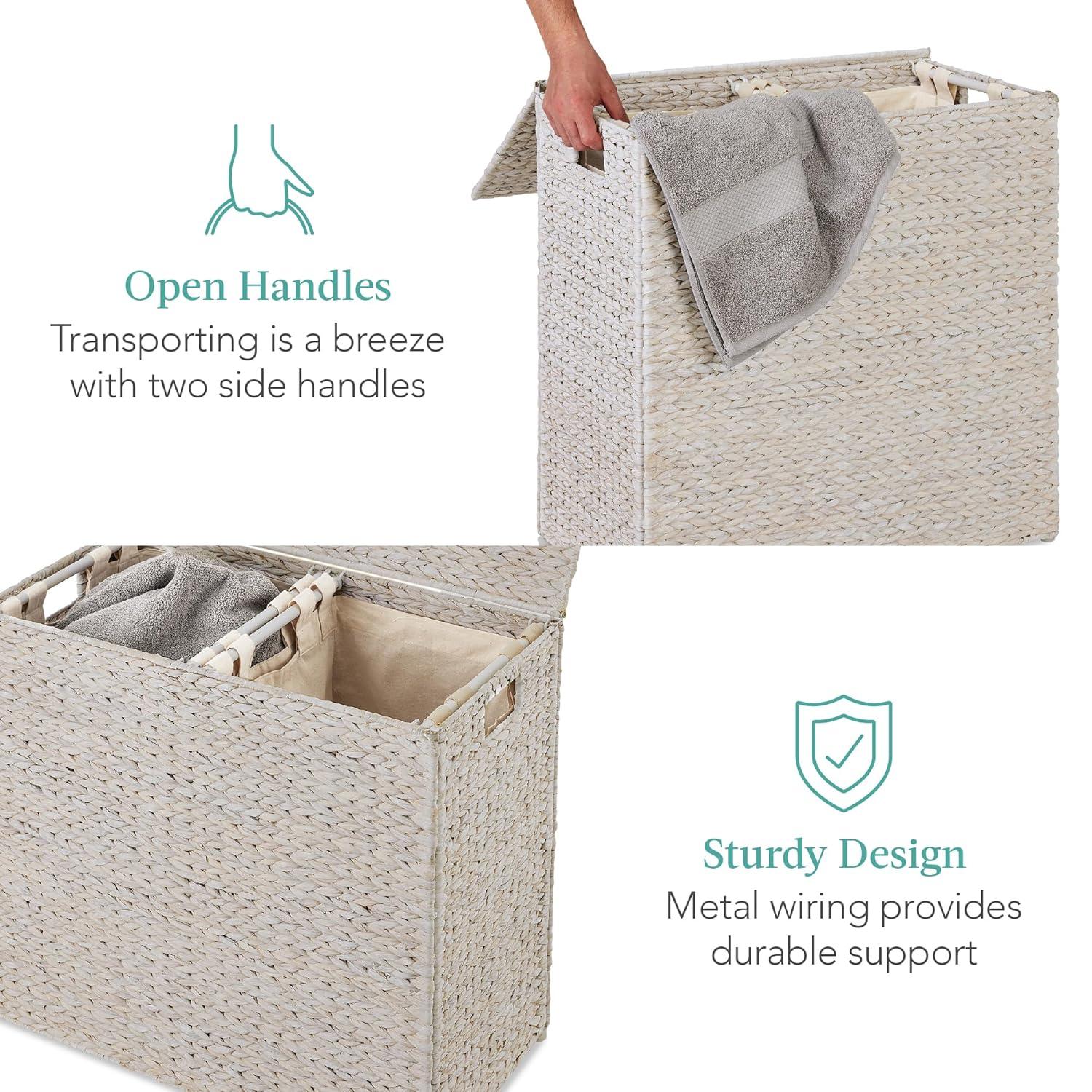 Best Choice Products Large Natural Water Hyacinth Double Laundry Hamper Basket w/ 2 Liner Bags, Handles - White