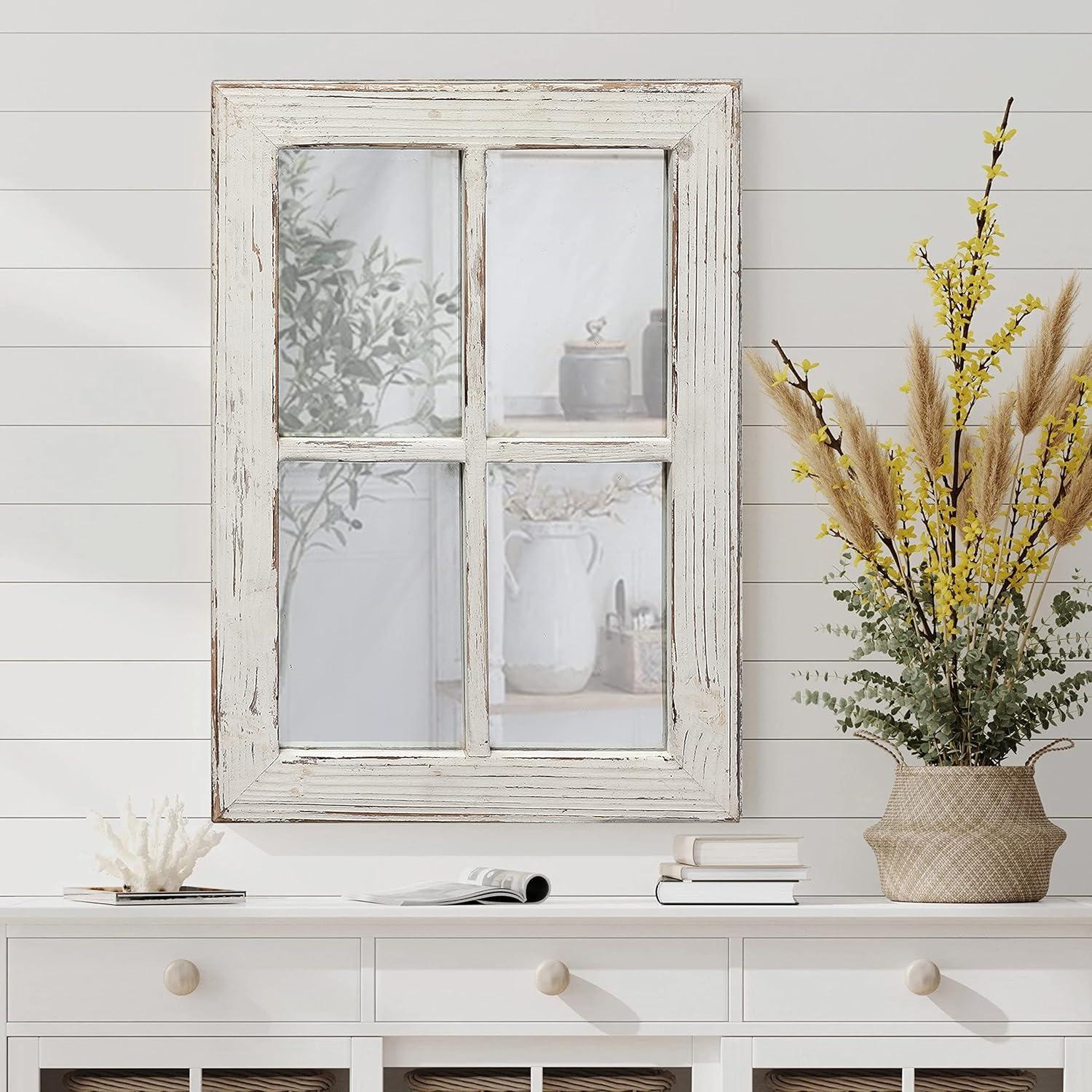 Distressed White Wood Farmhouse Window Pane Mirror 11" x 16"