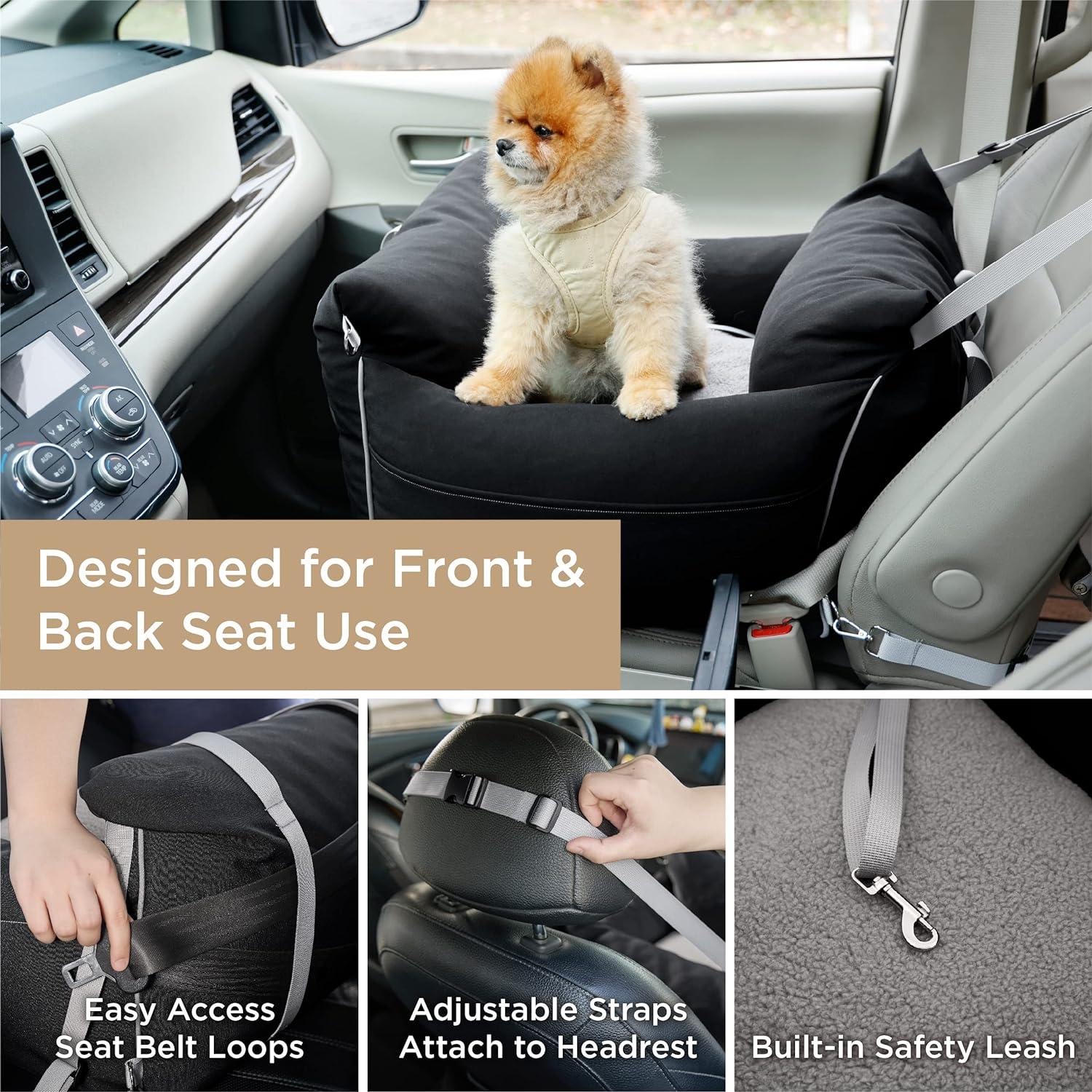 Dog Car Seat for Small Dogs - Pet Car Seat Dog Bed for Car - Dog Booster Car Seat Portable Pet Travel Carrier with Pocket Memory Foam Filling Safety Leash for Machine Washable Waterproof (Grey)