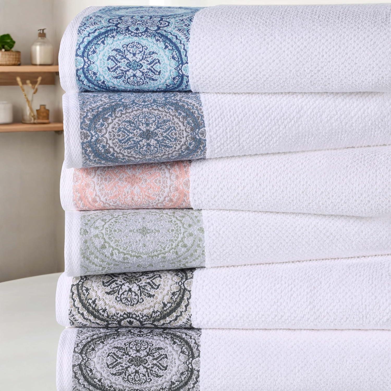 Superior Medallion Cotton Bath Towels Set, White and Emberglow, 3-Pack