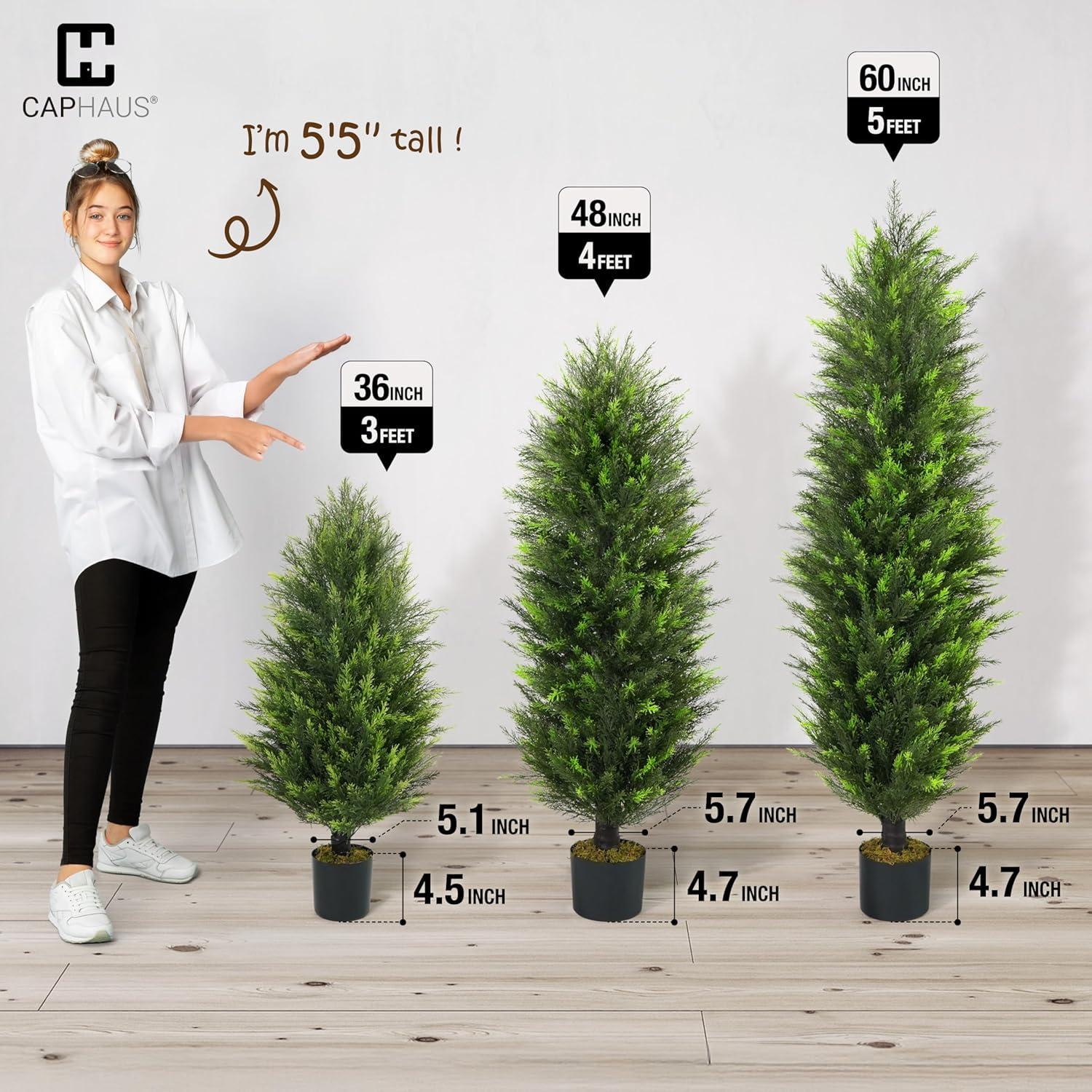 CAPHAUS 3 FT Artificial Cedar Tree Set of 2, 36 Inch Fake Boxwood Topiary w/Dried Moss, Natural Faux Plants for Outside Planter, UV Resistant, Artificial Tree Indoor, Outdoor Patio Décor