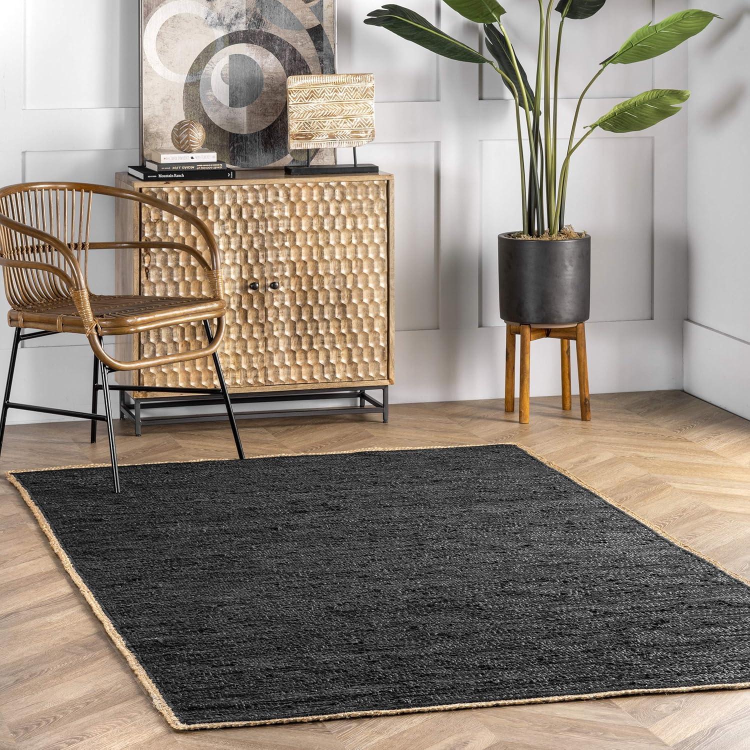 Handwoven Black Leather & Hemp 6' x 9' Flatweave Rug