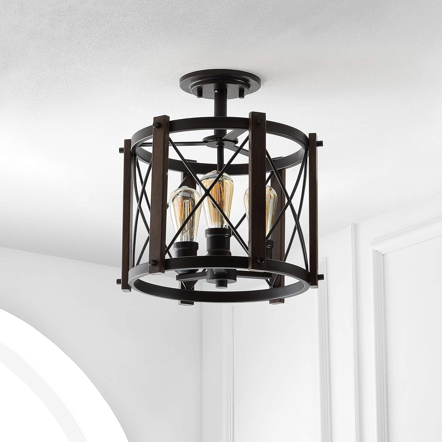 DAFANYA JYL7502A Ferme 14" 3-Light Iron Rustic Farmhouse LED Flush Mount, Industrial, Vintage, Cottage, Dimmable, 2700K Cozy Warm Light Kitchen,Bathroom,Stairwell, Oil Rubbed Bronze/Brown