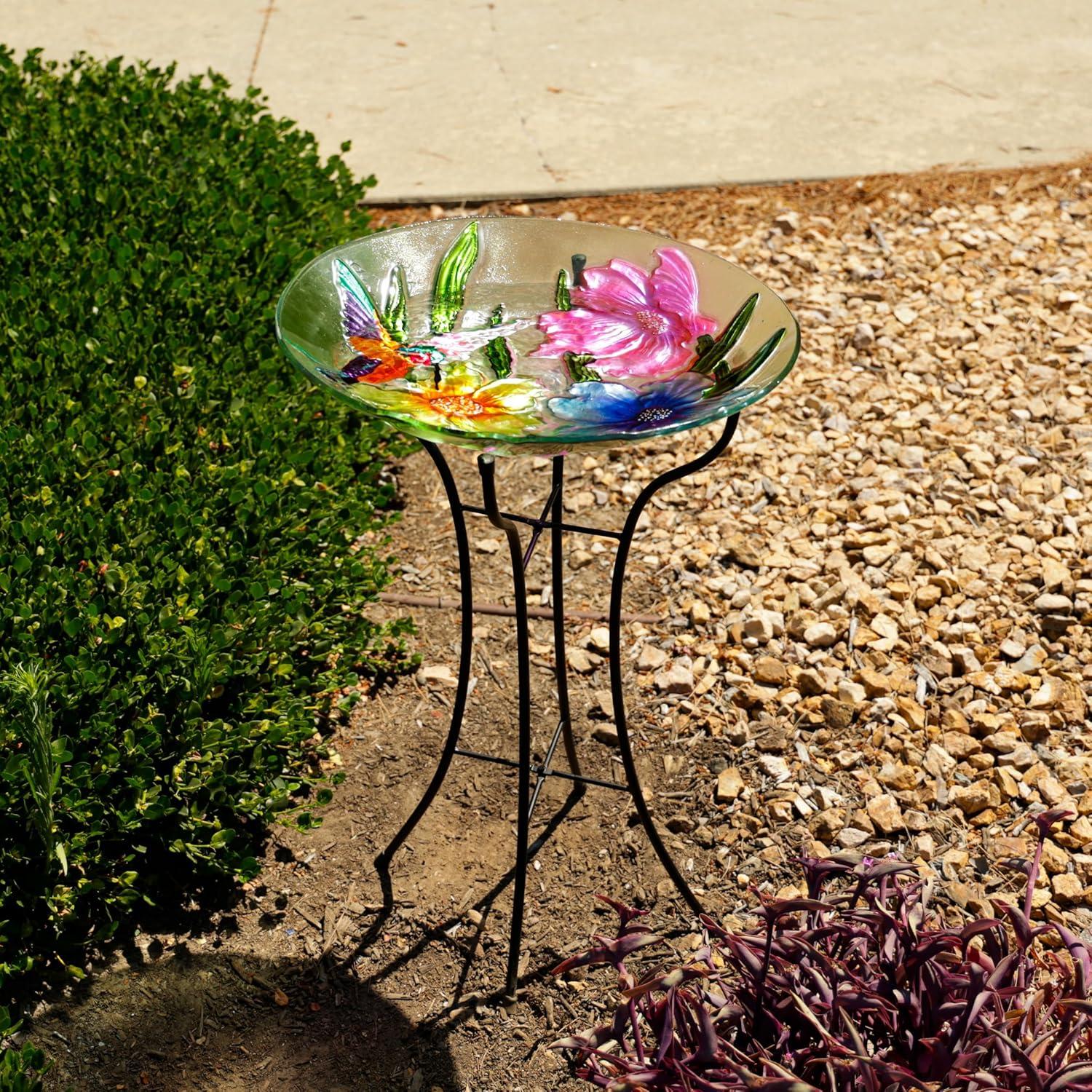 Colorful Glass Birdbath with Metal Stand, 18"