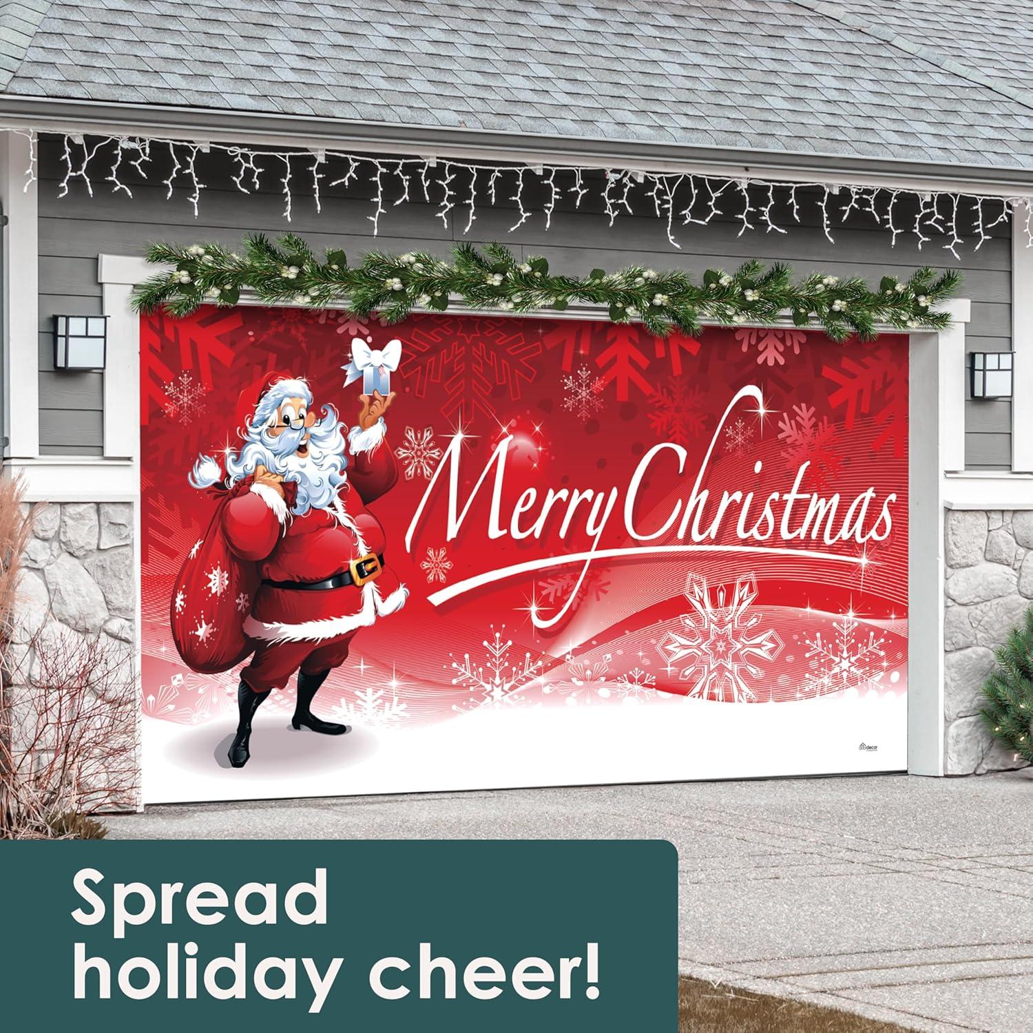 Garage Door Banner Cover 7 x 16 ft, Merry Christmas Santa Claus Carring Gifts Christmas Garage Door Decorations Holiday Christmas Backdrop Decor for Winter New Year Xmas Party