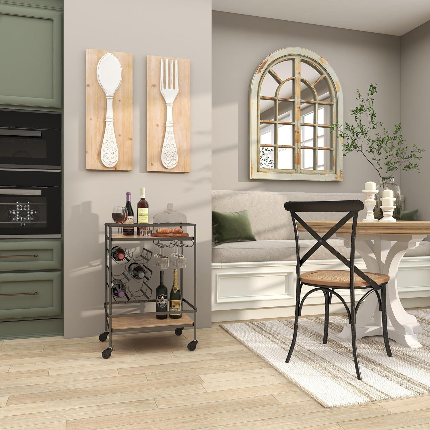 DecMode Brown Wooden Utensils Wall Decor with Carved White Floral Designs (2 Count)