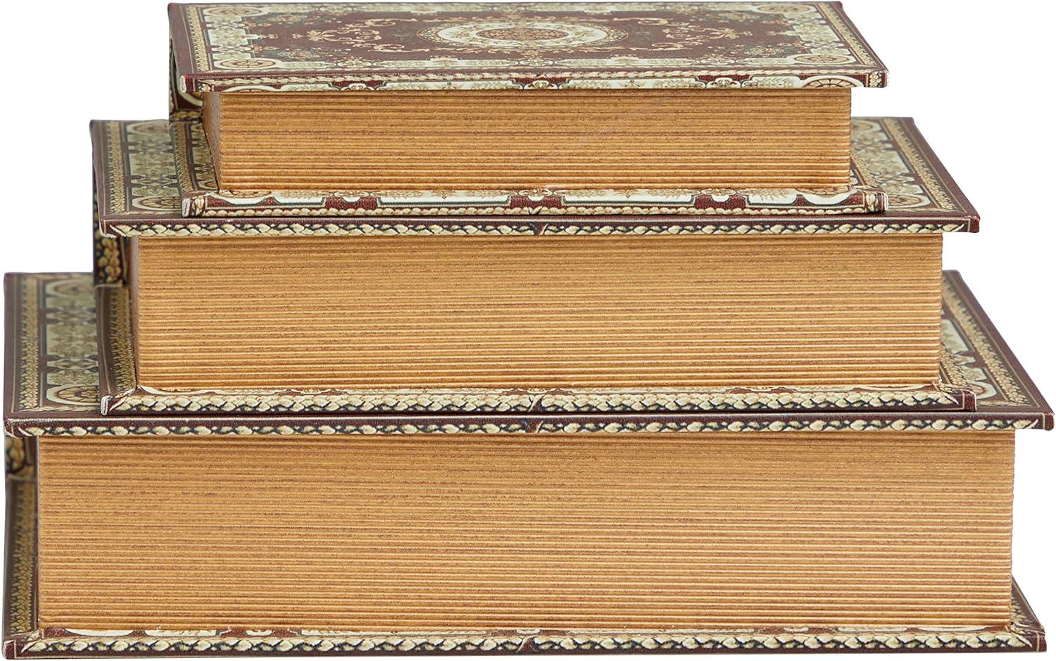 Deco 79 Canvas Decorative Box Storage Book Book Shaped Boxes with Arabesque Pattern and Gold Page Inspired Detail, Set of 3 Decorative Keepsake Boxes 12, 10, 8" H, Red