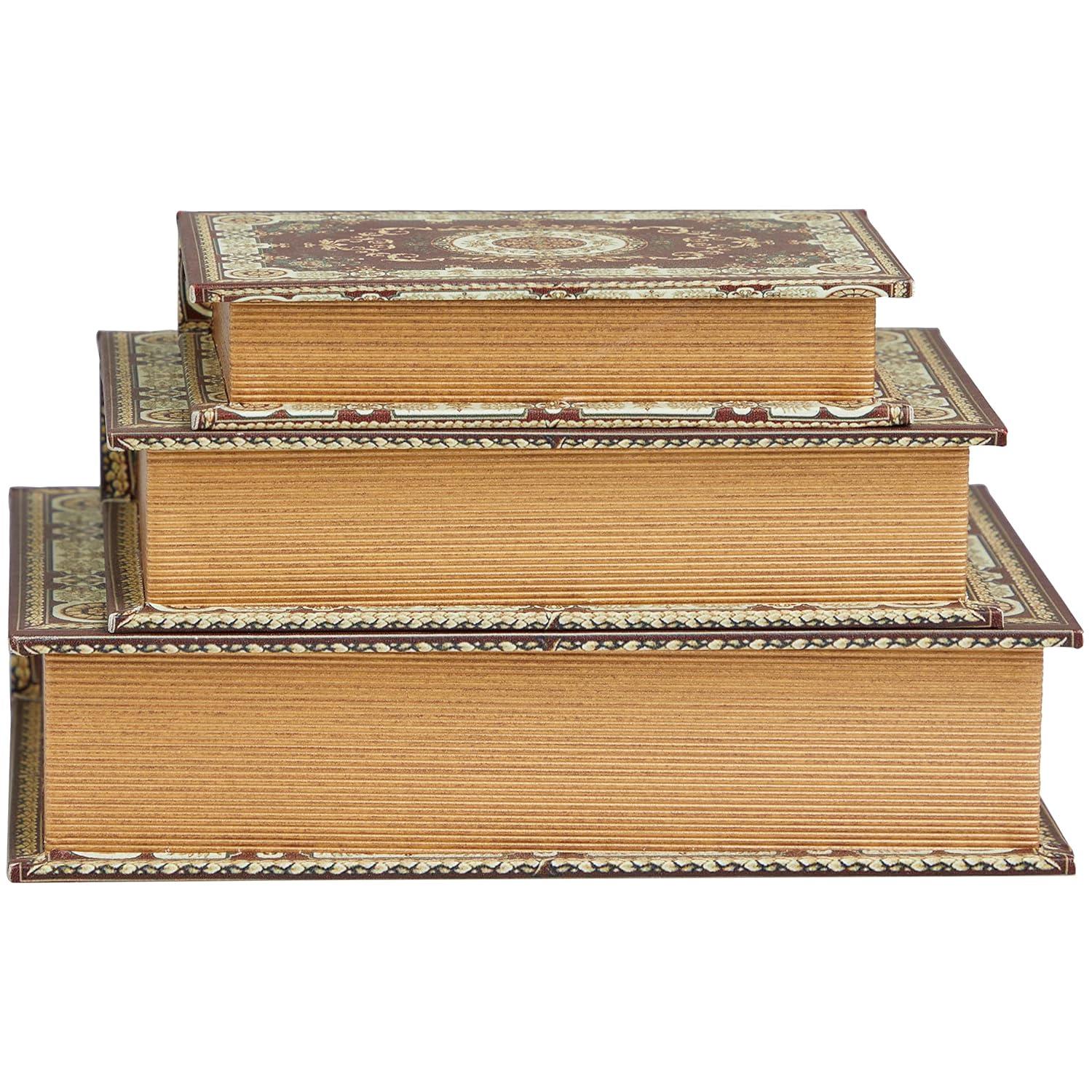 Deco 79 Canvas Decorative Box Storage Book Book Shaped Boxes with Arabesque Pattern and Gold Page Inspired Detail, Set of 3 Decorative Keepsake Boxes 12, 10, 8" H, Red