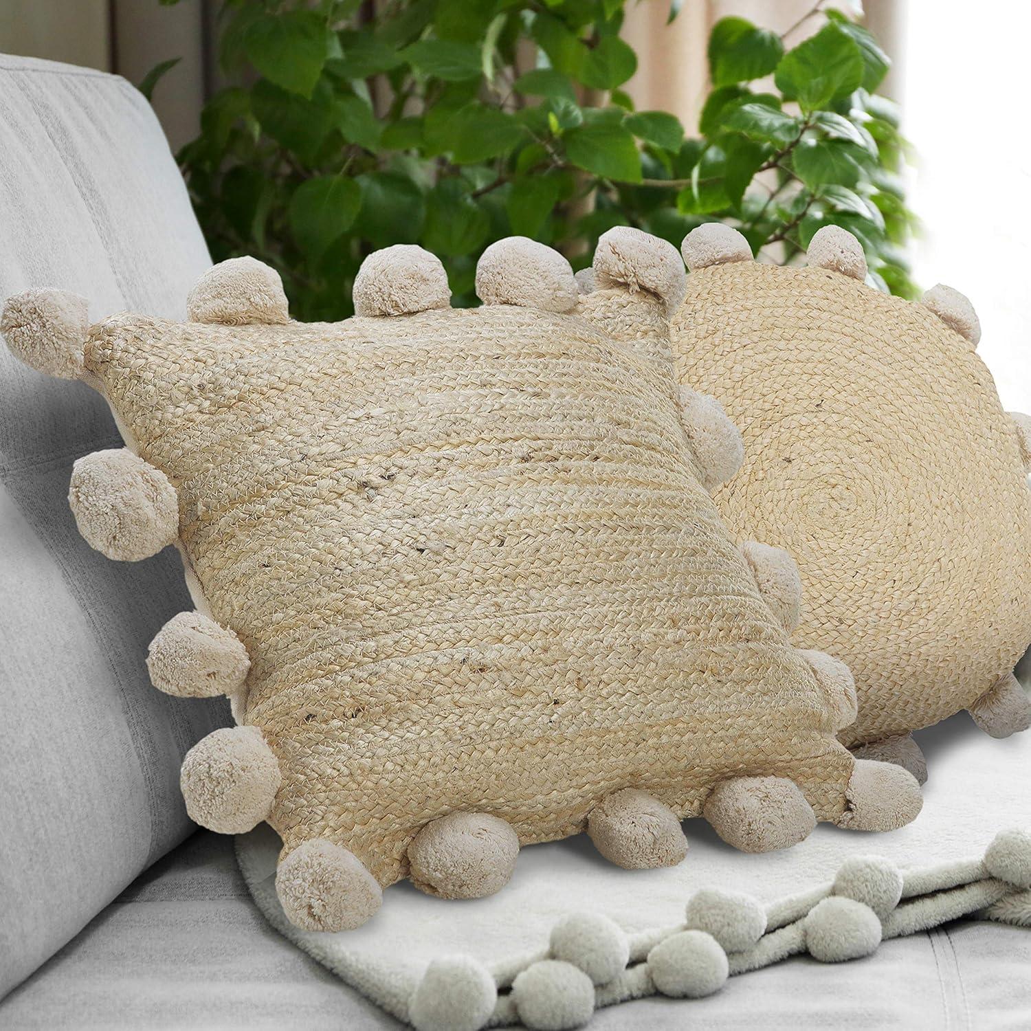 Natural Jute Square Throw Pillow with Pom Pom Border, 20" x 20"