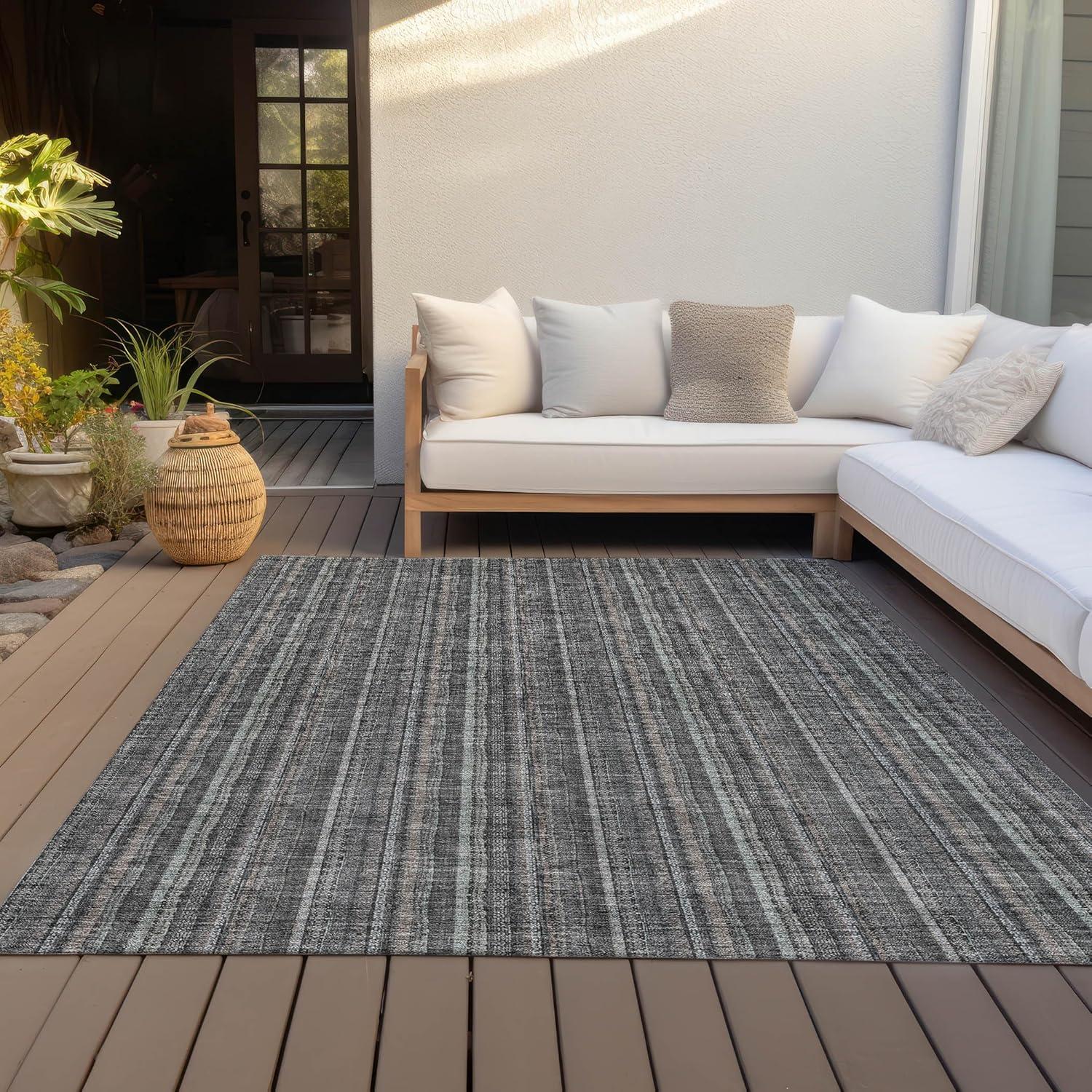 Gray Striped Indoor Outdoor Machine-Washable Area Rug