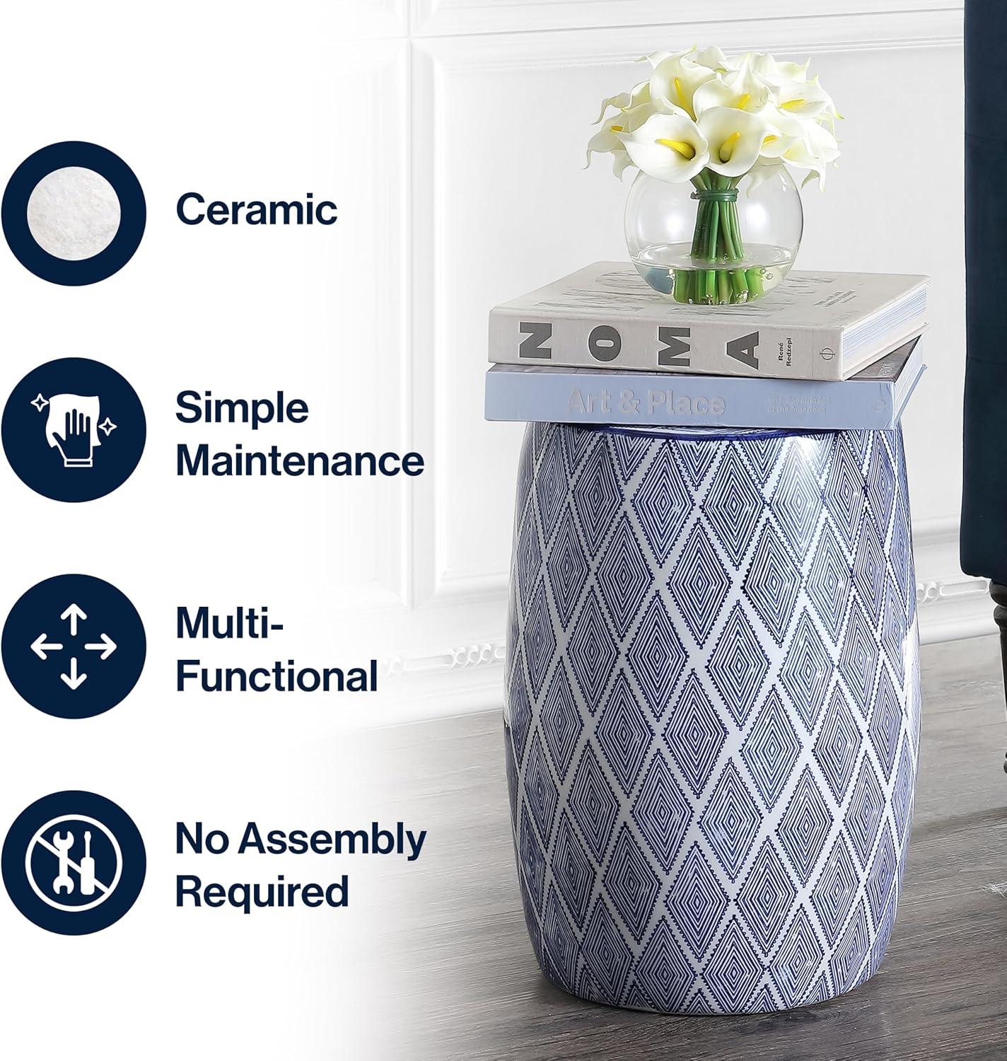 Moroccan Diamonds 18" Ceramic Drum Garden Stool, Blue/White - JONATHAN Y