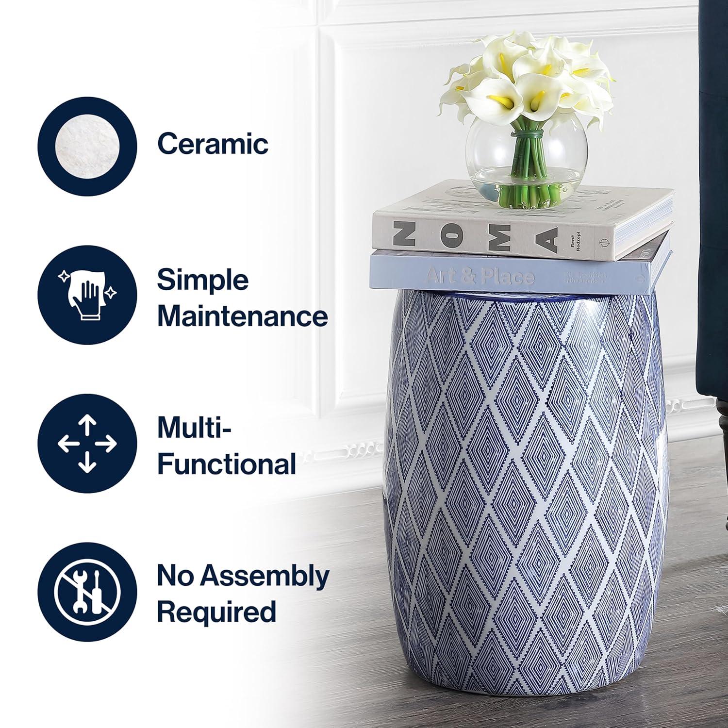 Moroccan Diamonds 18" Ceramic Drum Garden Stool, Blue/White - JONATHAN Y