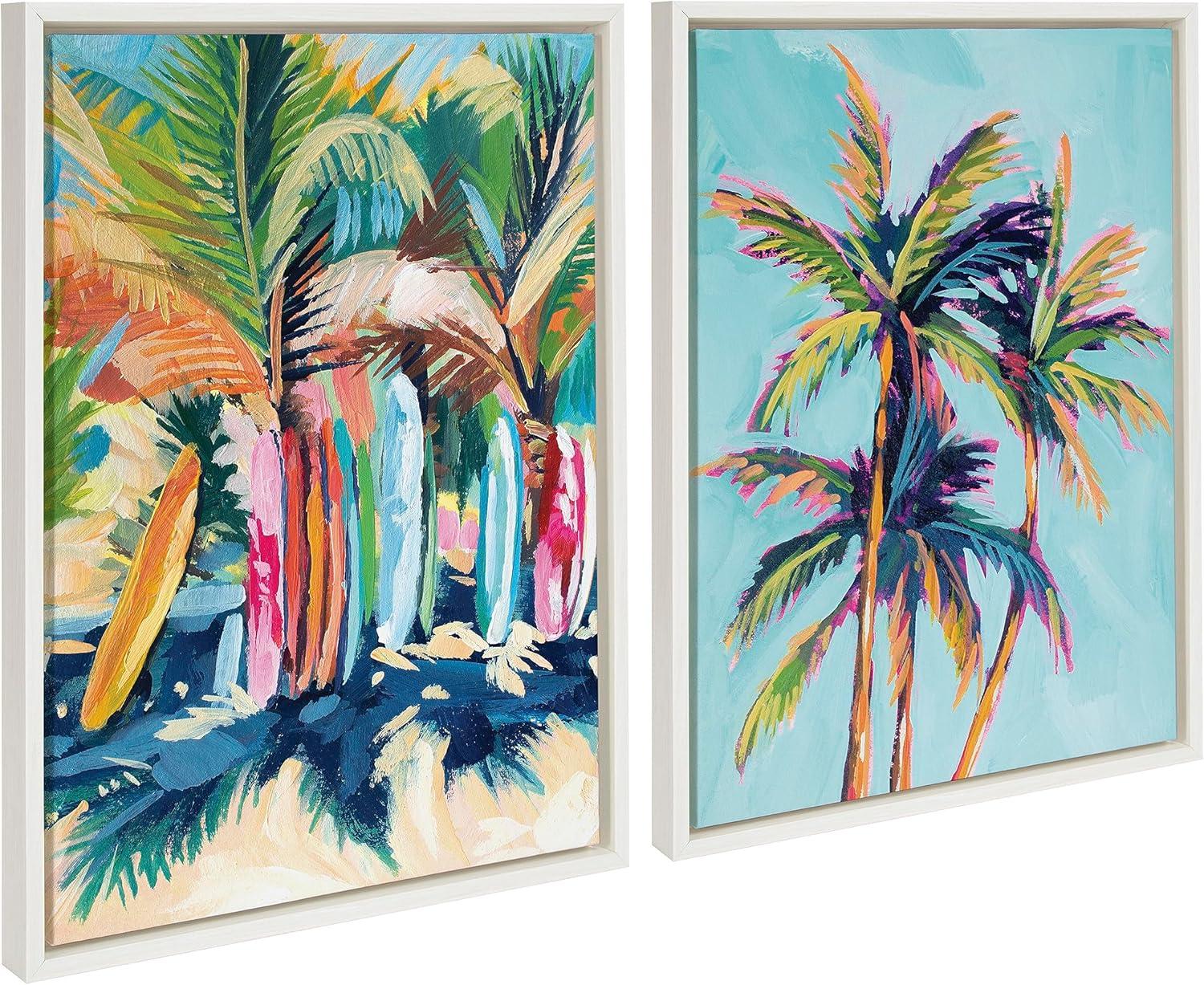 Kate and Laurel Sylvie Surf and Sand and Tropical Palms Study Framed Canvas Wall Art Set by Rachel Christopoulos, 2 Piece 18x24 White, Coastal Beach Palm Tree Art for Wall