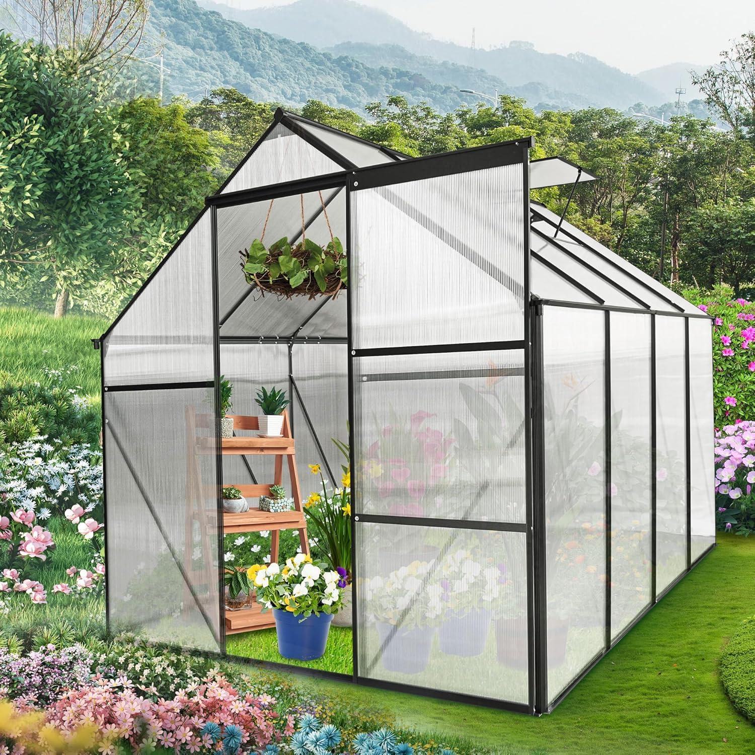 6x8 FT Plant Greenhouse with Sliding Door,Walk-in Polycarbonate Greenhouse with Raised Base and Anchor Aluminum Heavy Duty Greenhouses Kits for Outdoor Backyard in All Season,Black