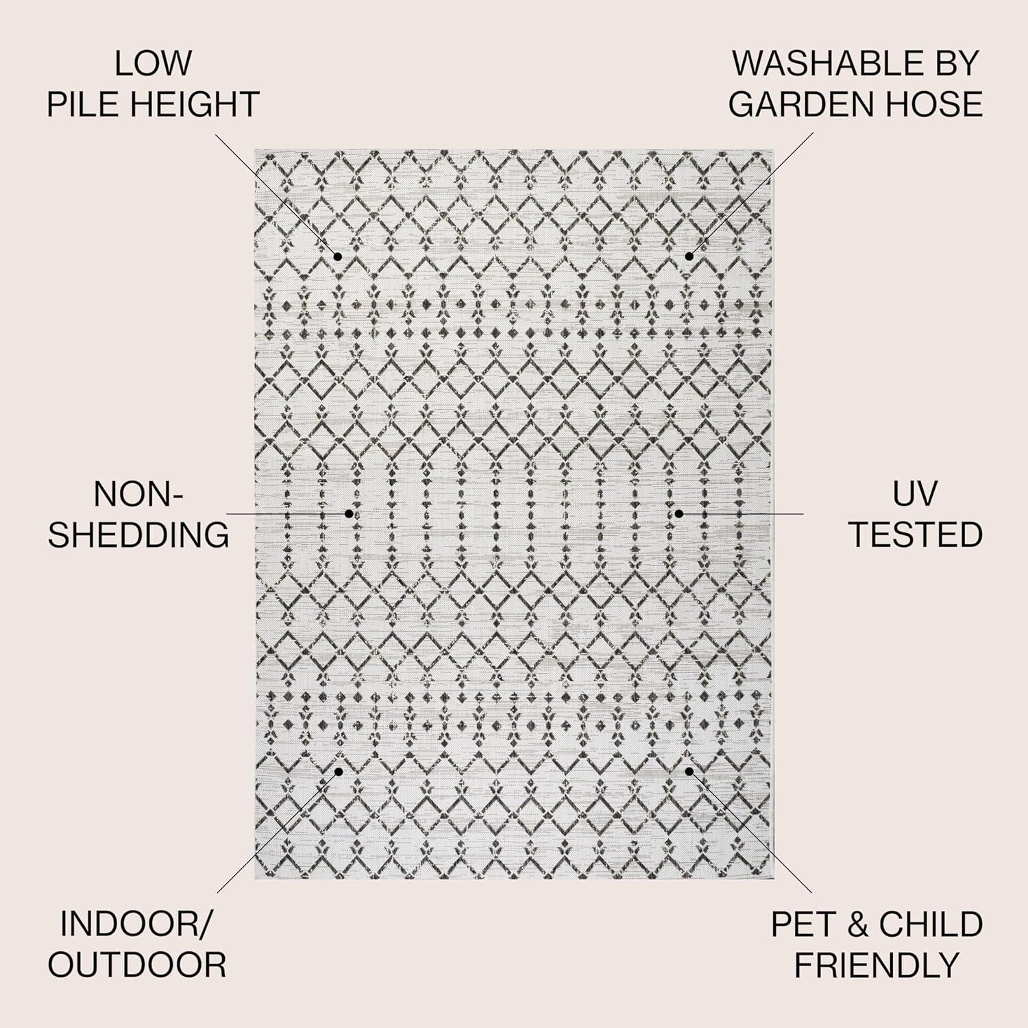 5' x 5' Ourika Moroccan Geometric Textured Weave Indoor/Outdoor Area Rug, Cream/Black - JONATHAN Y