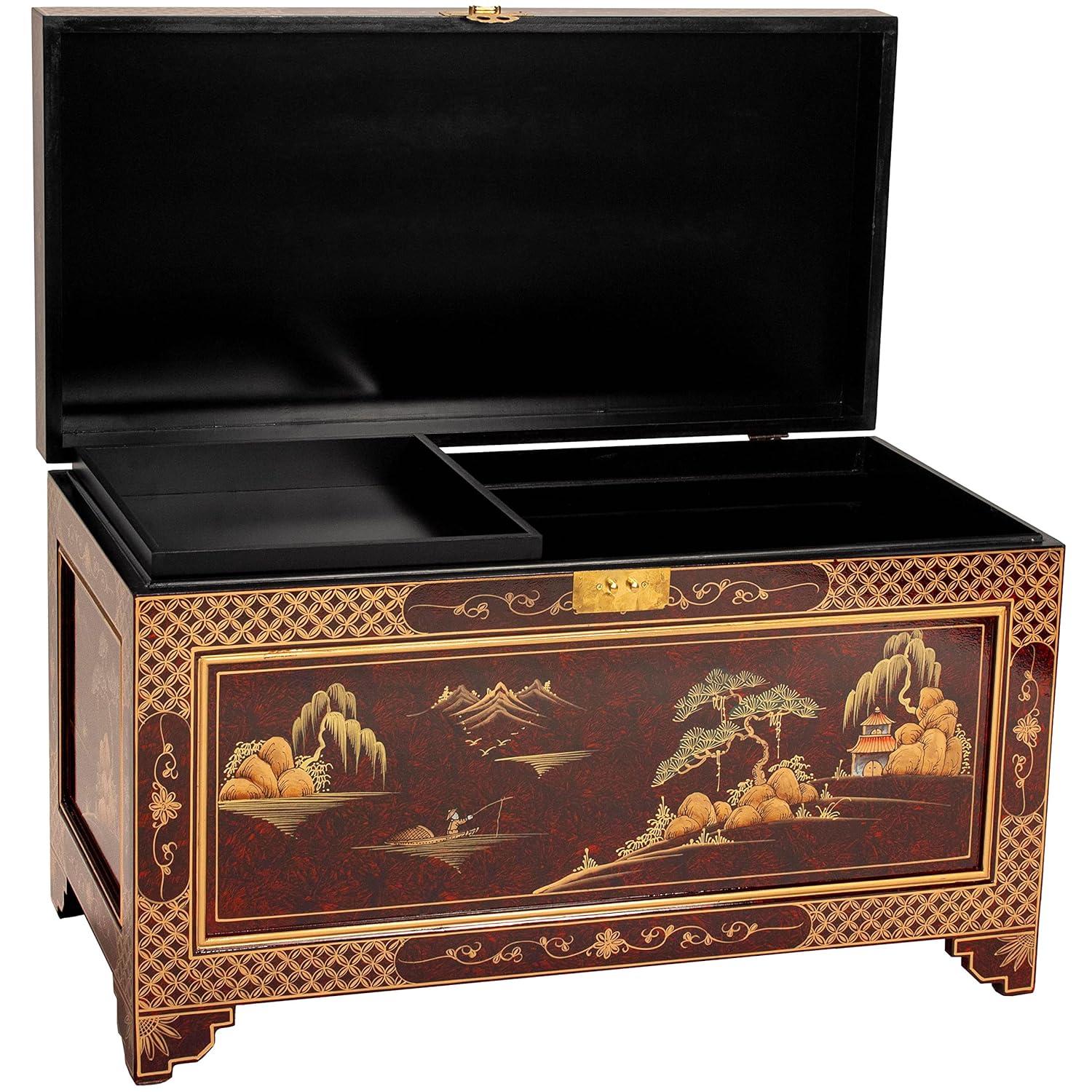 Oriental Furniture Red Lacquer Trunk - Landscape