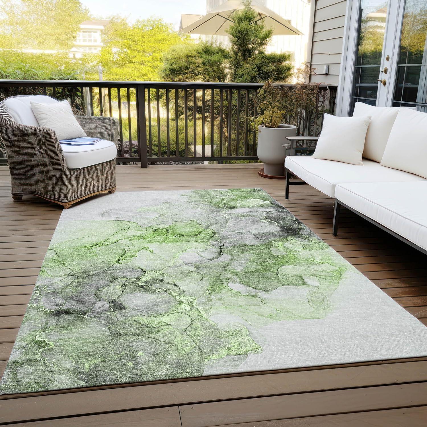 Green and Gray Watercolor Synthetic Washable Area Rug