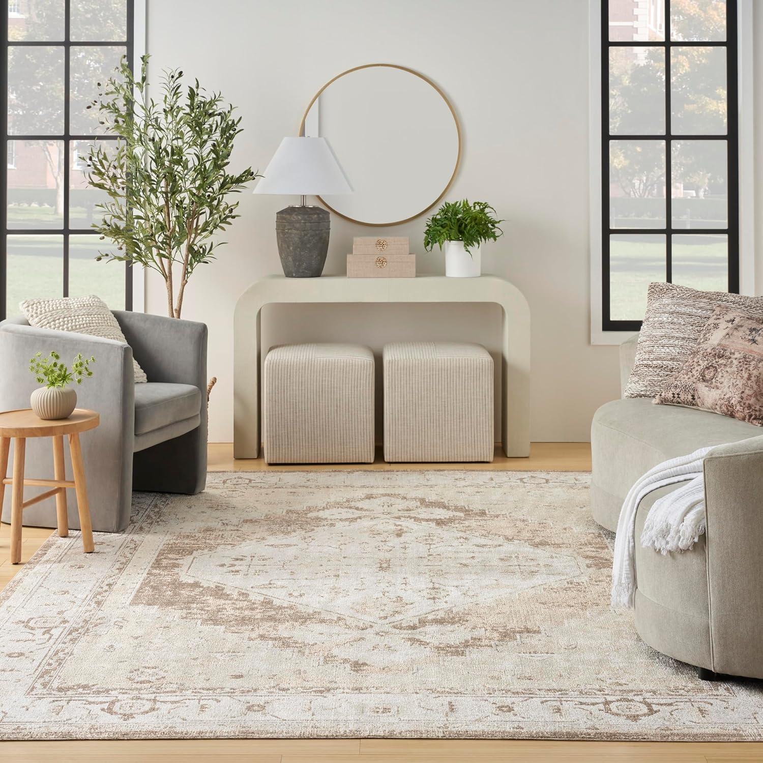Haydel Oriental Machine Washable Power Loom Polyester Area Rug in Beige
