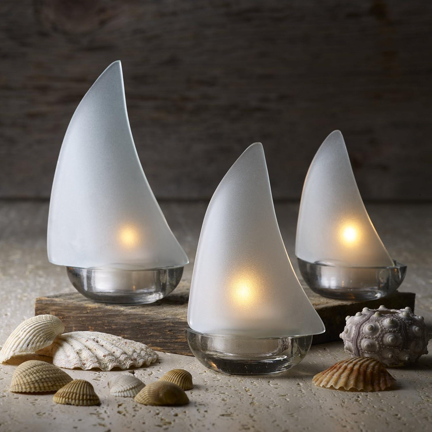 White Frost Glass Sailboat Tealight Candleholder Set