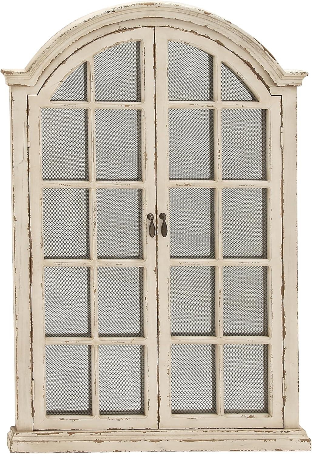 Edmondson Cream Wood Window Panes Inspired Wall Mirror w/ Arched Top and Distressing