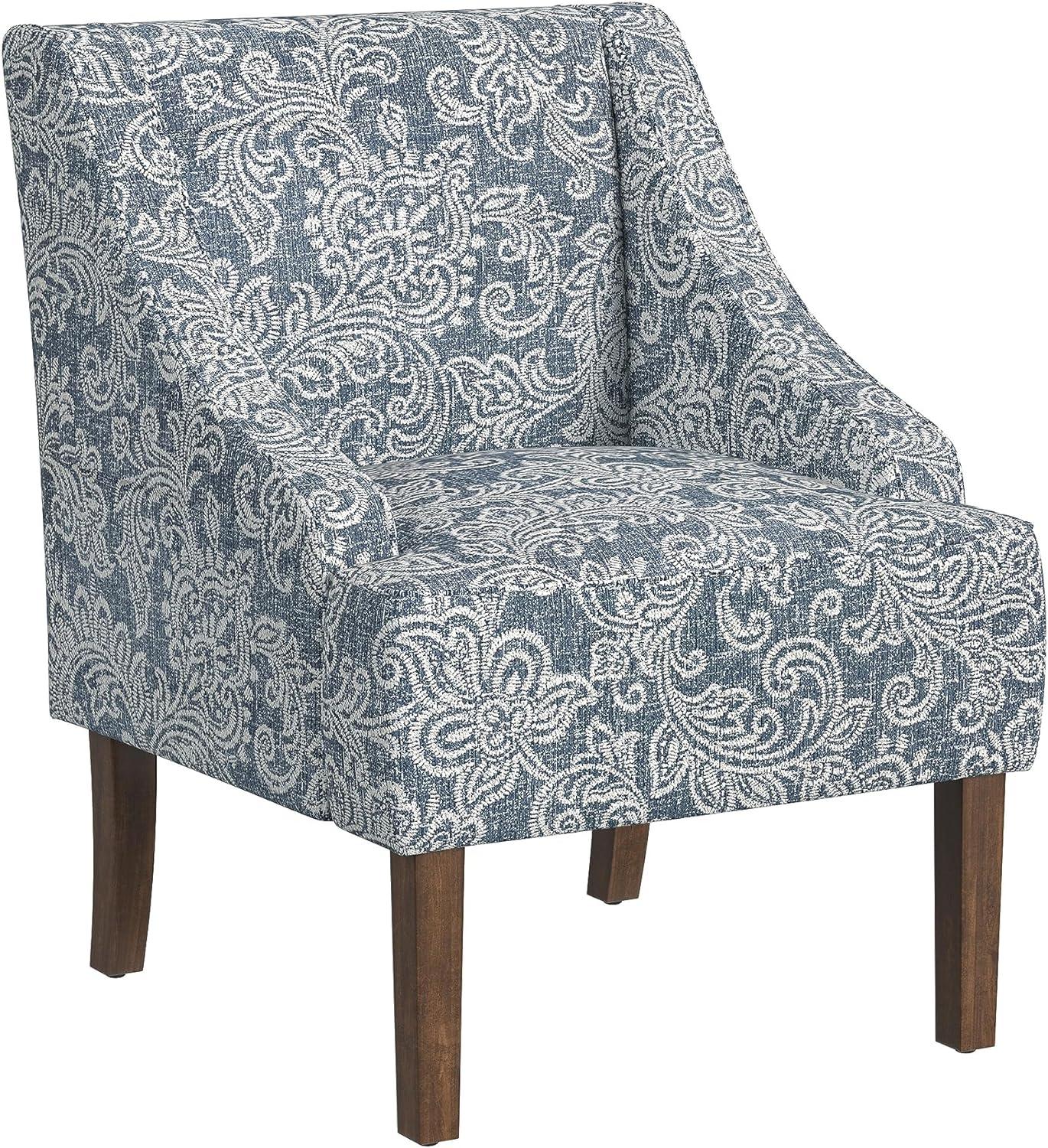 Blue Denim Jacobean Print Swoop Arm Accent Chair with Wood Legs