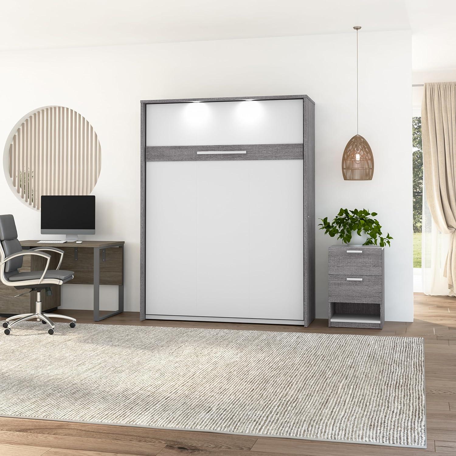 Gray Wood Queen Murphy Bed with Upholstered Frame and Drawer