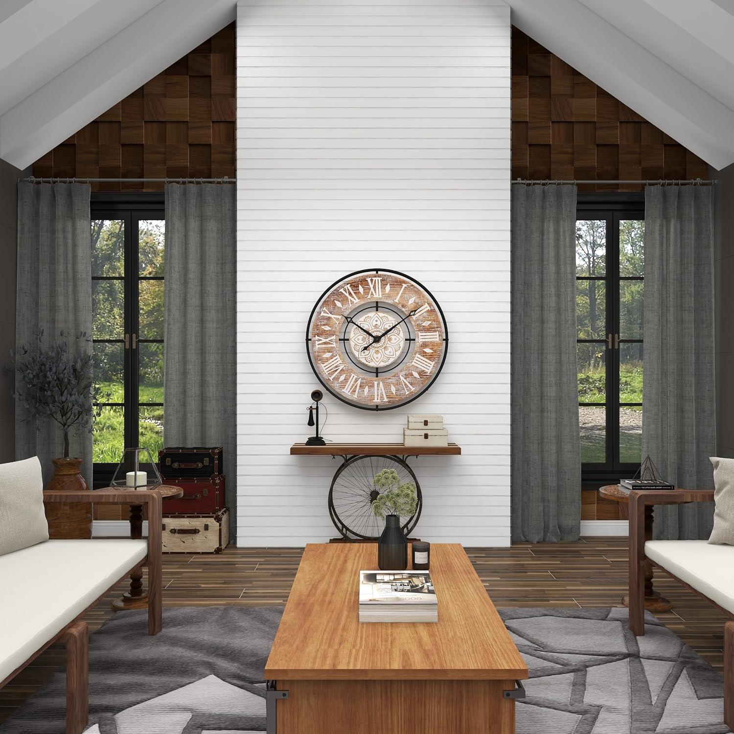 DecMode 34" Brown Metal Floral Wall Clock with Wood Accents