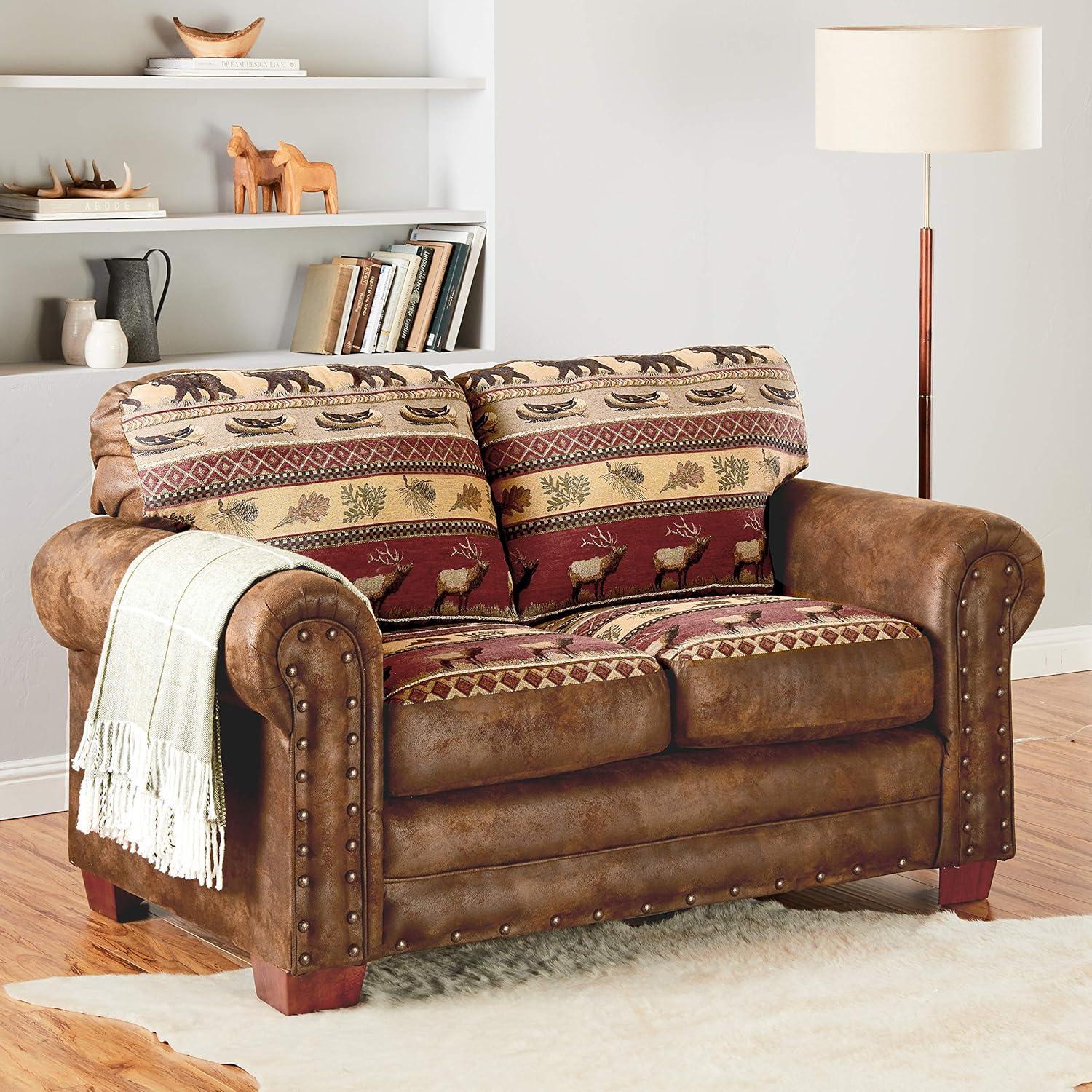 Sierra Lodge Brown Faux Leather Tufted Loveseat with Nailhead Accents