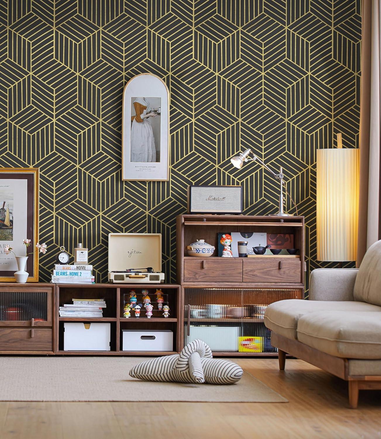 Wallpaper Black And Gold Peel And Stick Wallpaper Geometric Striped Hexagon Wallpaper Removable Self Adhesive Wall Paper Waterproof Vinyl Contact Paper For Cabinets Shelf Drawer 15.7"X78.7"