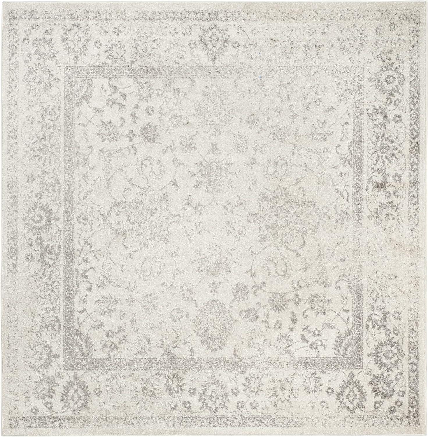 Ivory and Silver Square Oriental Synthetic Area Rug