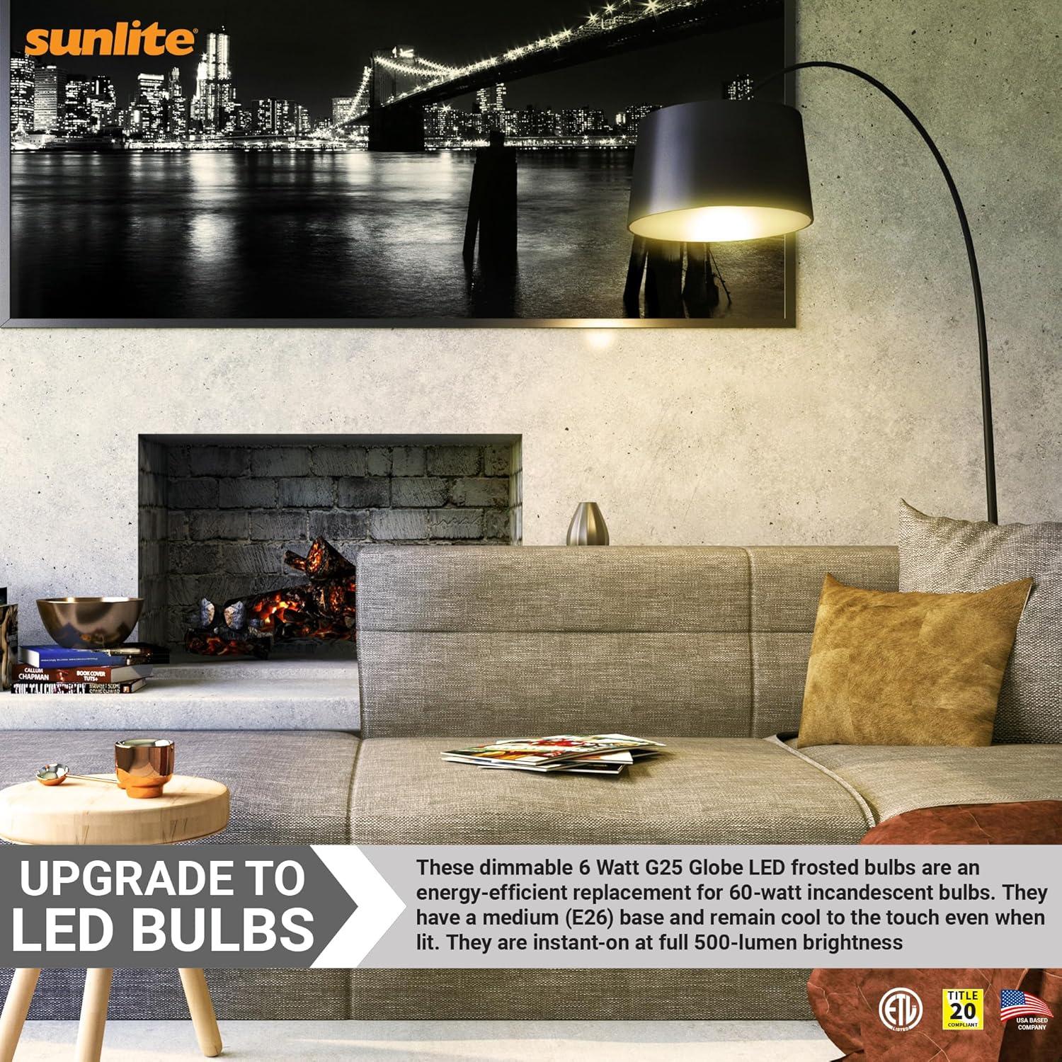 Sunlite LED G25 Globe Light Bulb, 6 Watts (60W Equivalent), Standard E26 Base, 520 Lumens, Dimmable, Frosted, 90 CRI, 5000K Daylight, 6 Pack