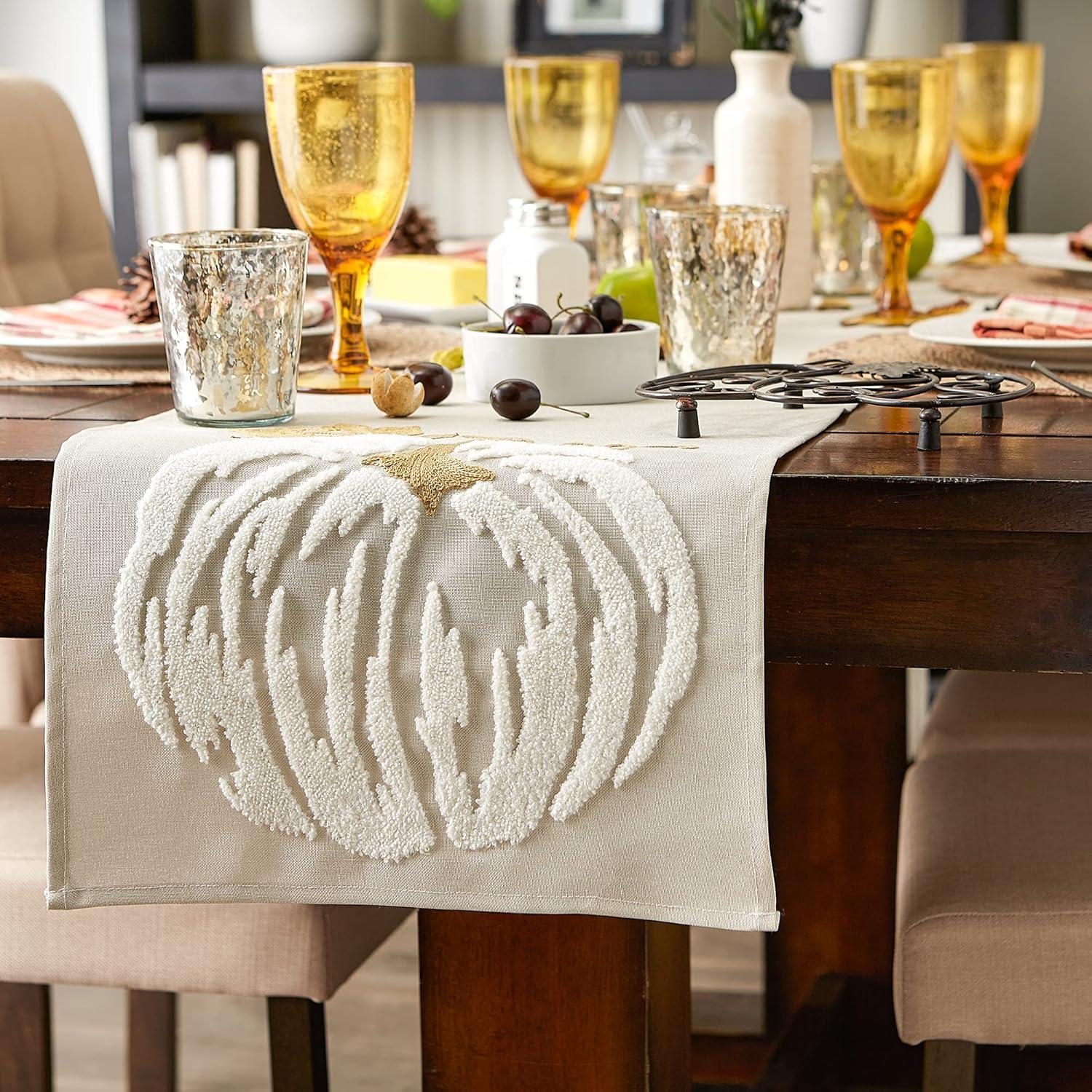 White Pumpkin Embroidered Fall Table Runner, 14x70 Polyester