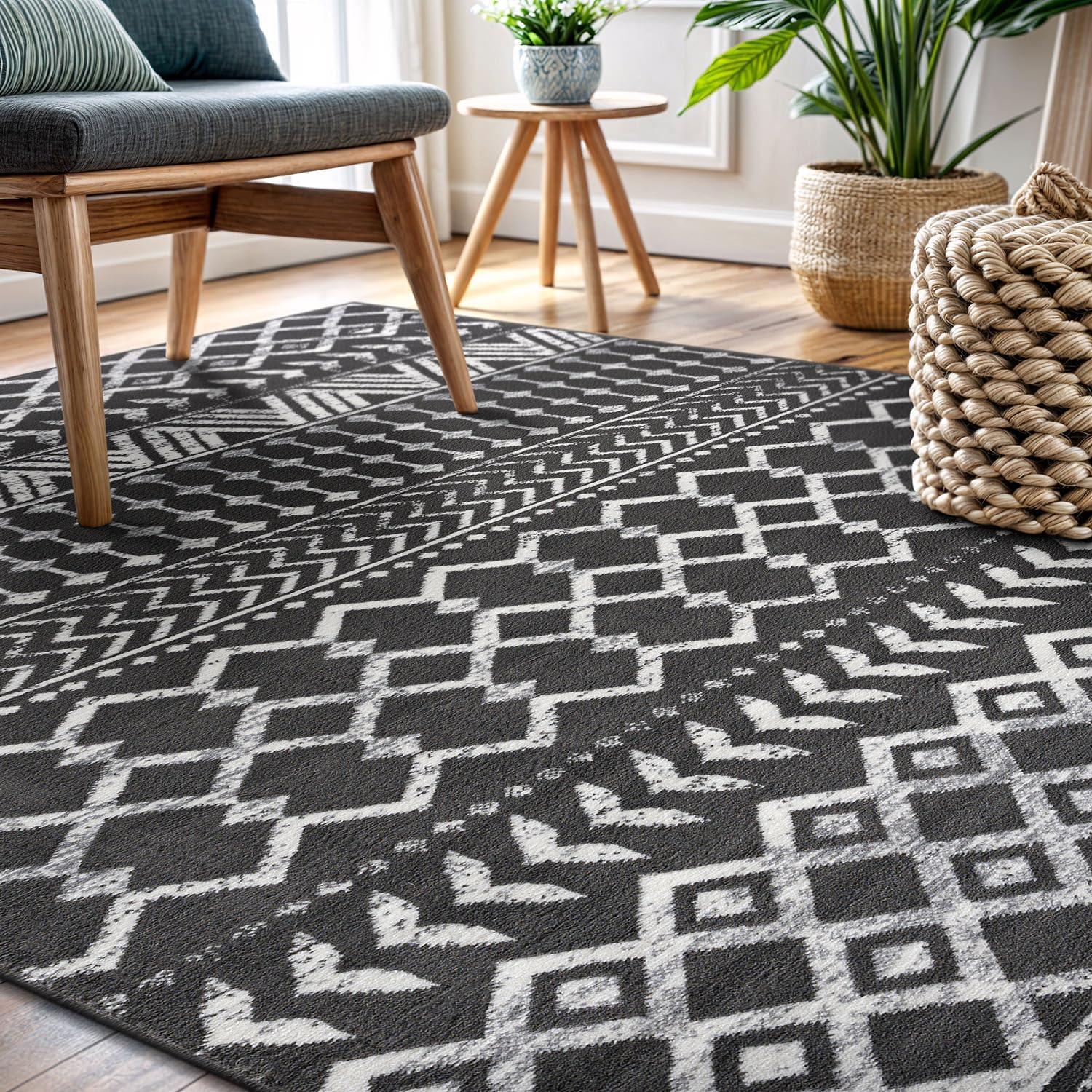 CAMILSON Boho Moroccan Dark Gray Rug Geometric Diamond 8x10 Area Rugs for Living Room Bedroom Kitchen Modern Bohemian Soft Stain Resistant Non-Shedding Indoor Carpet (8 x 10 Dark Grey and Cream)