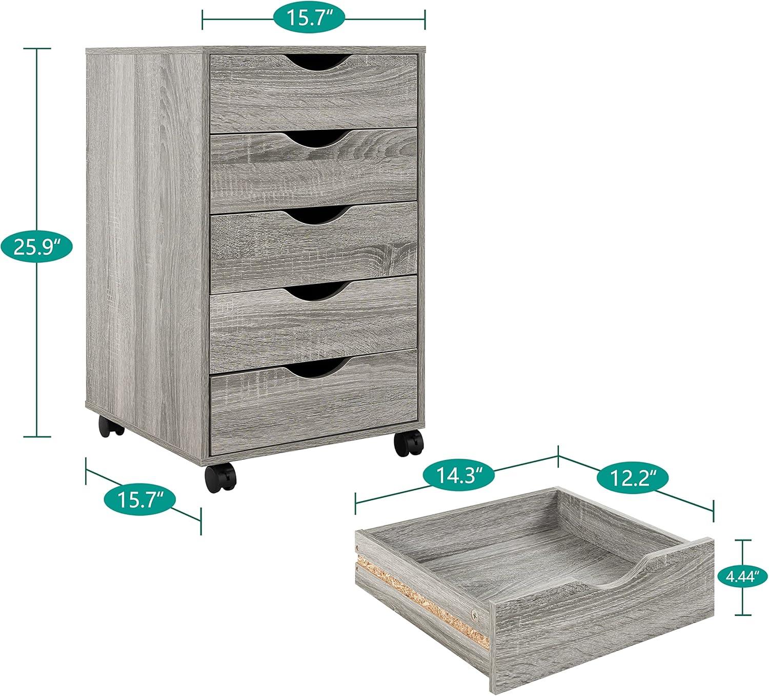 Grey Oak 5-Drawer Office Storage Cabinet with Casters