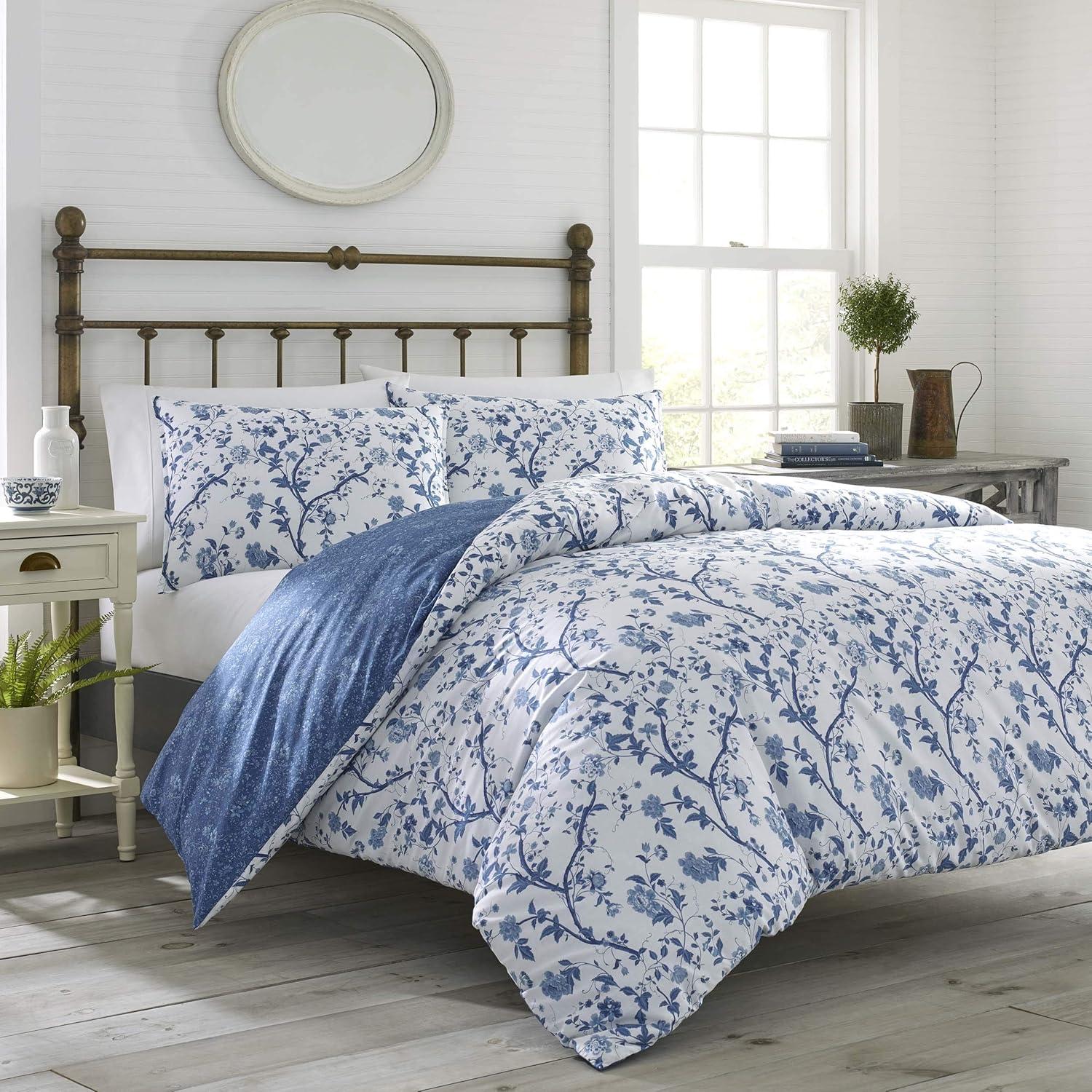 King Blue and White Cotton Floral Bedspread Cover Set