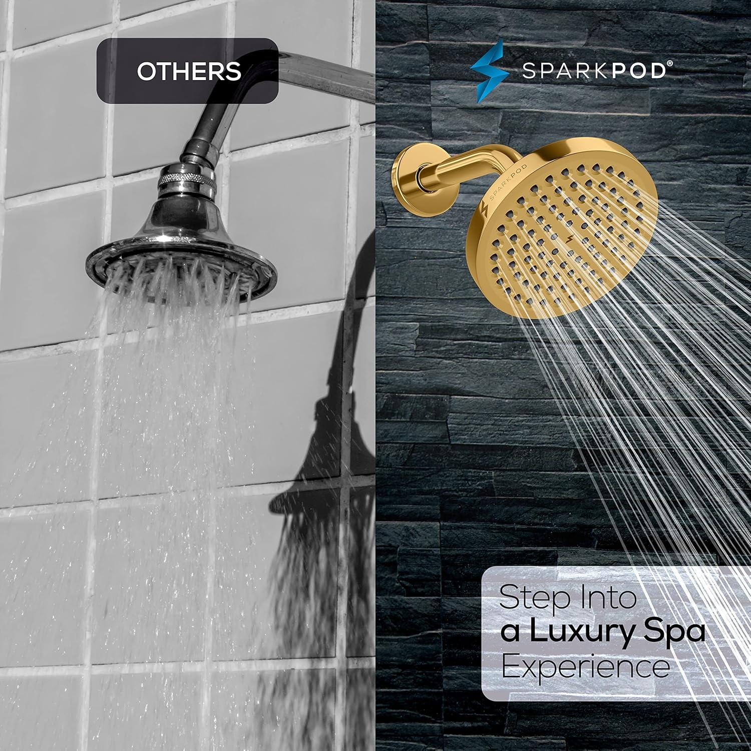 SparkPod 6" Rain Shower Head with 6" Shower Arm - High Pressure Rain - Luxury Modern Look - No Hassle Tool-less 1-Min Installation - Water Saving Shower Head - Luxury Spa Experience (Egyptian Gold)