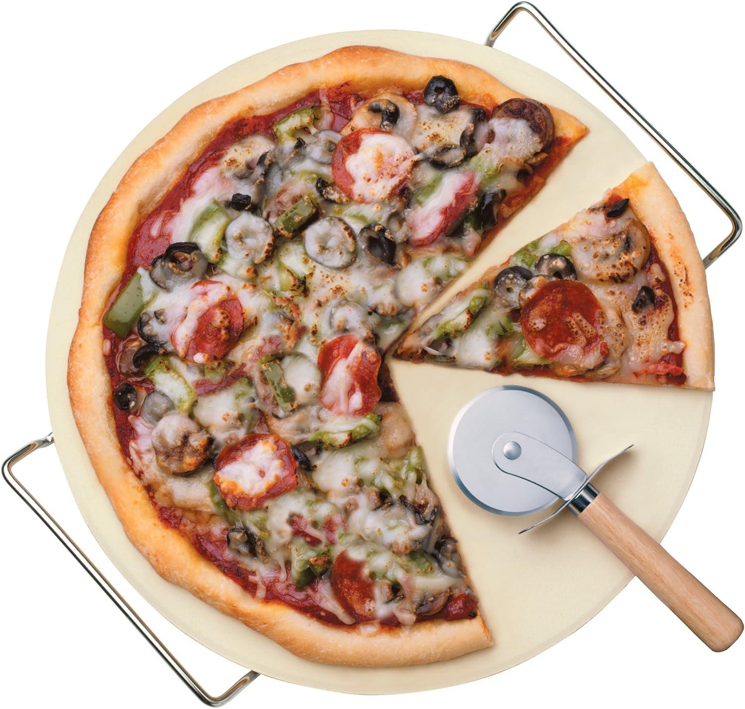 13-Inch Beige Pizza Stone Set with Stainless Steel Cutter